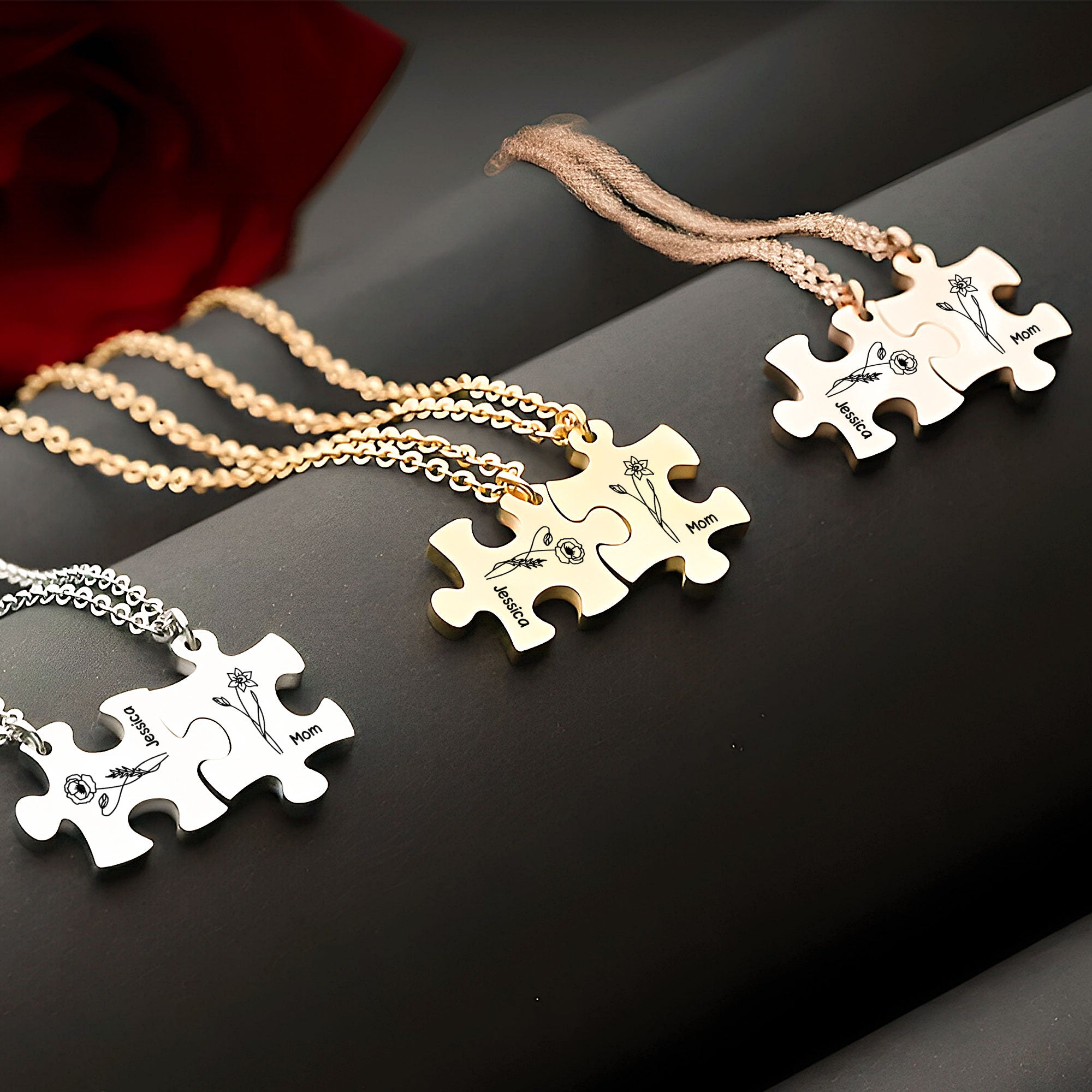 Birth Month Flower And Name - Personalized Engraved Puzzle Necklace