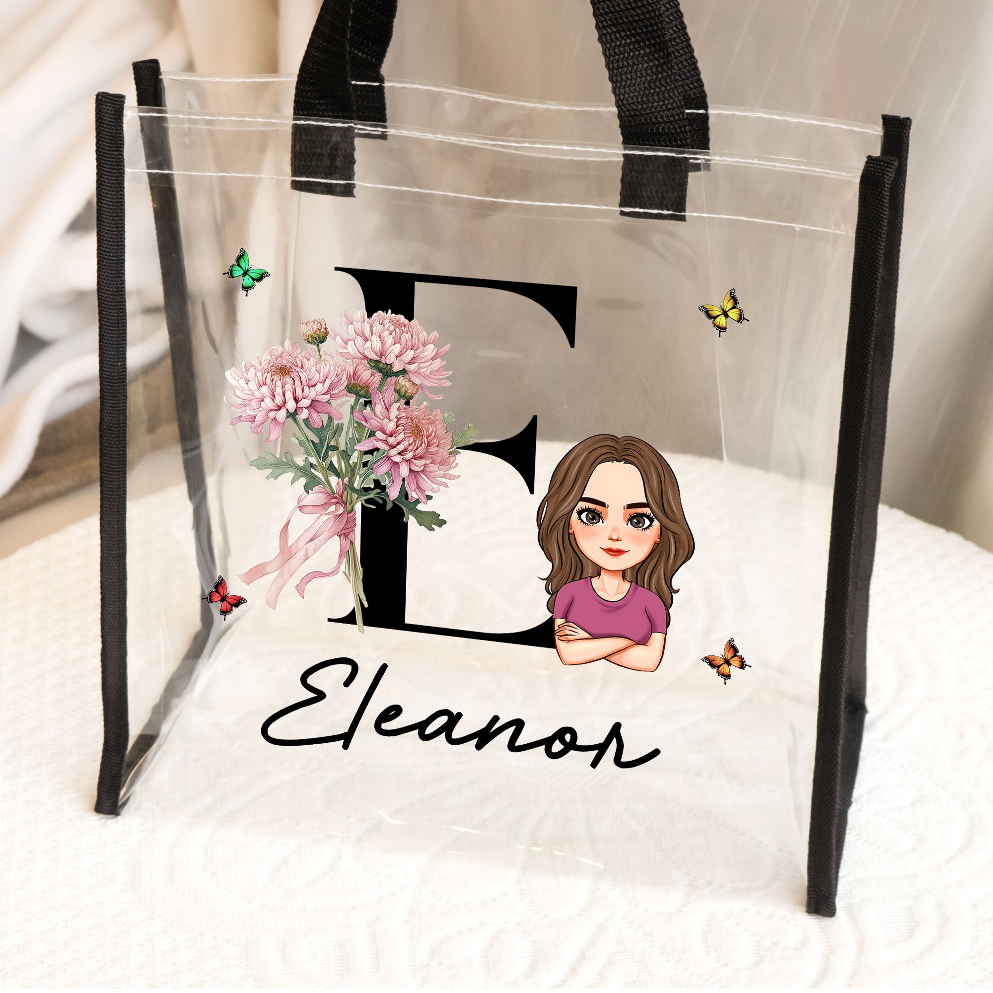 Birth Month Flower With Name Initial - Custom Clear Tote Bag