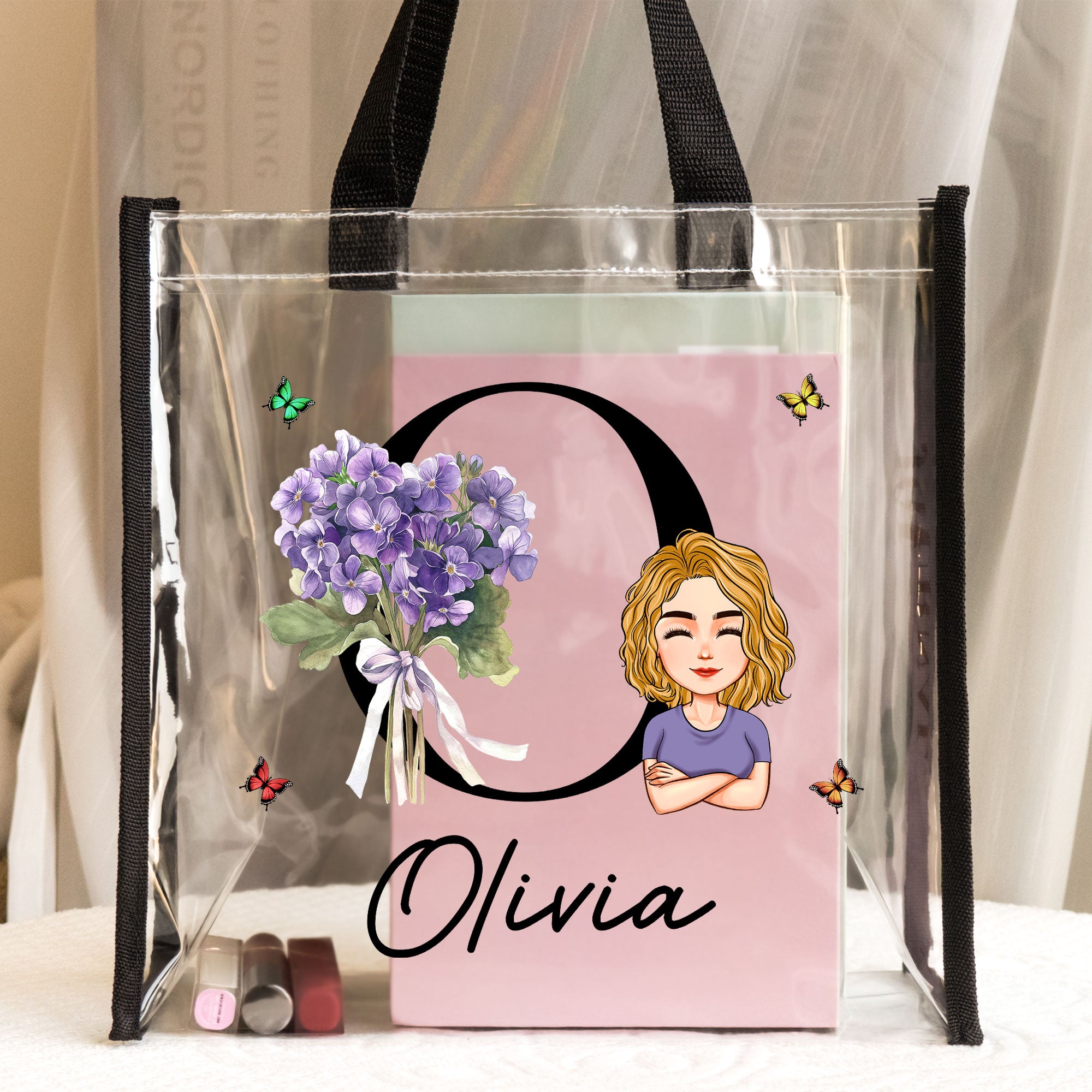 Birth Month Flower With Name Initial - Custom Clear Tote Bag