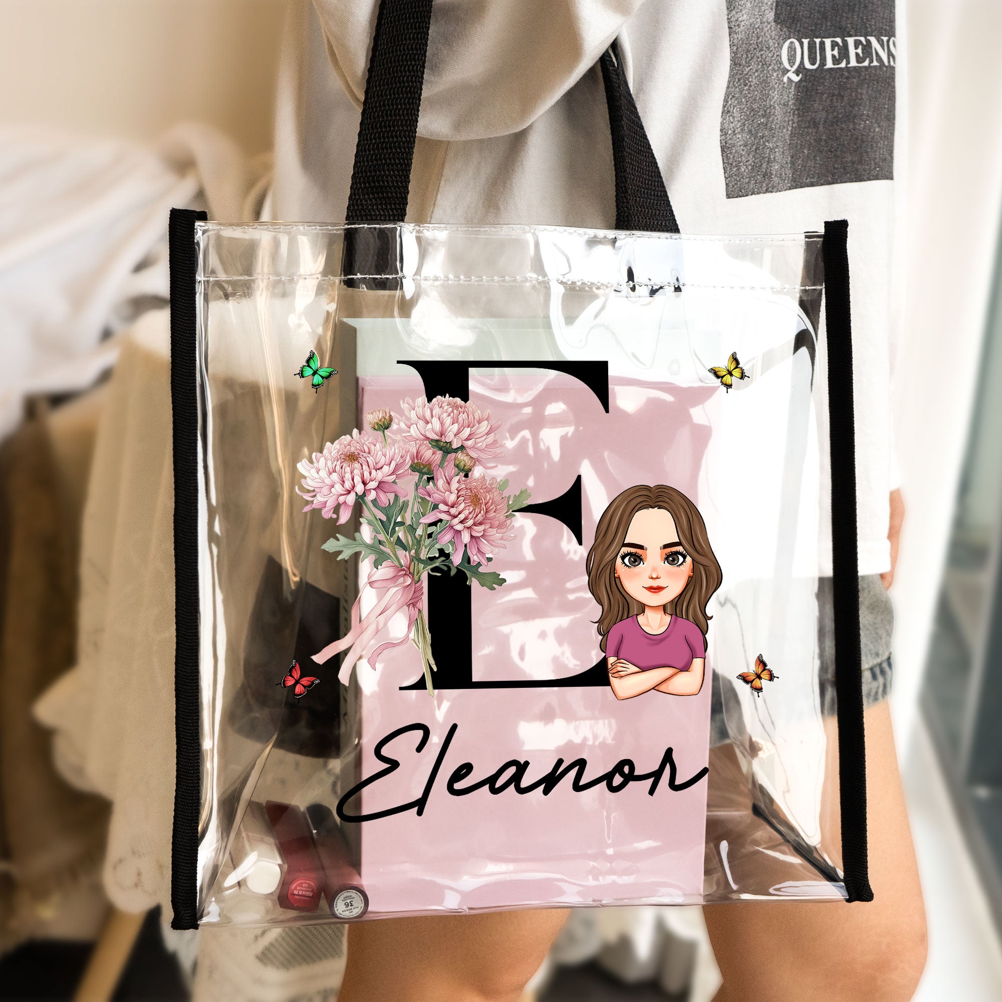 Birth Month Flower With Name Initial - Custom Clear Tote Bag