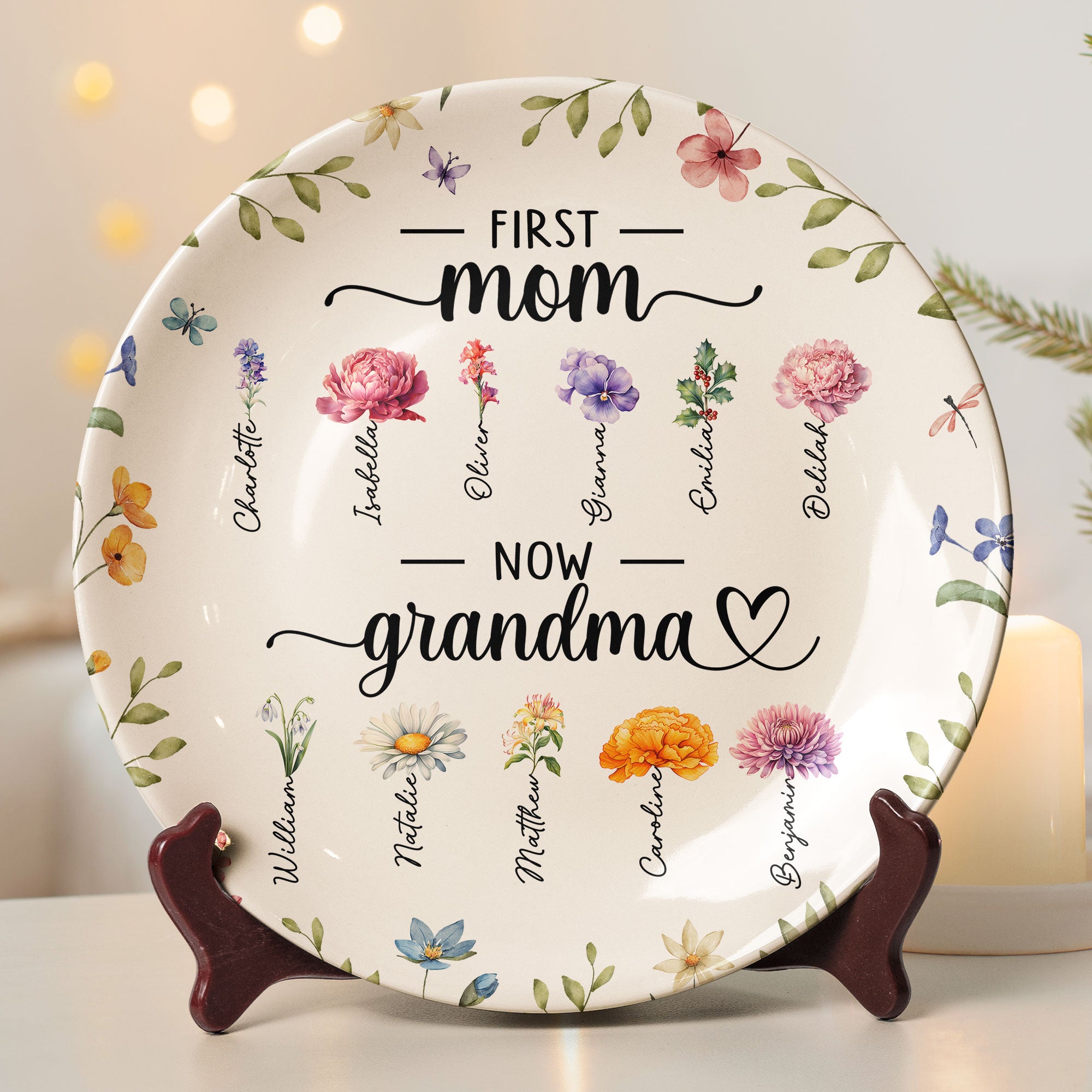 Birthday Flowers First Mom Now Grandma - Personalized Ceramic Plate