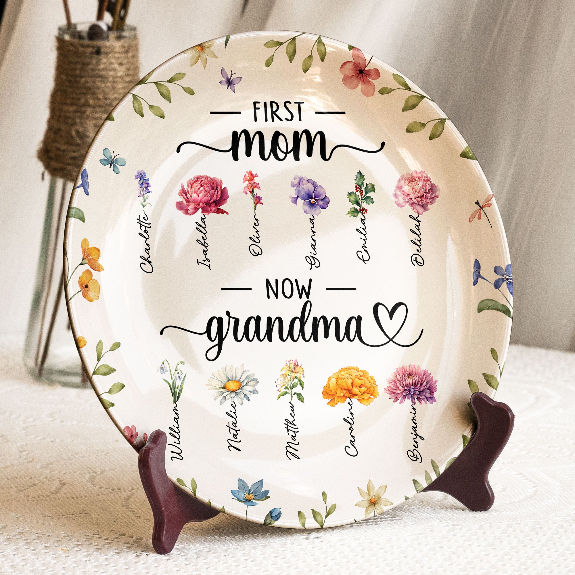 Birthday Flowers First Mom Now Grandma - Personalized Ceramic Plate