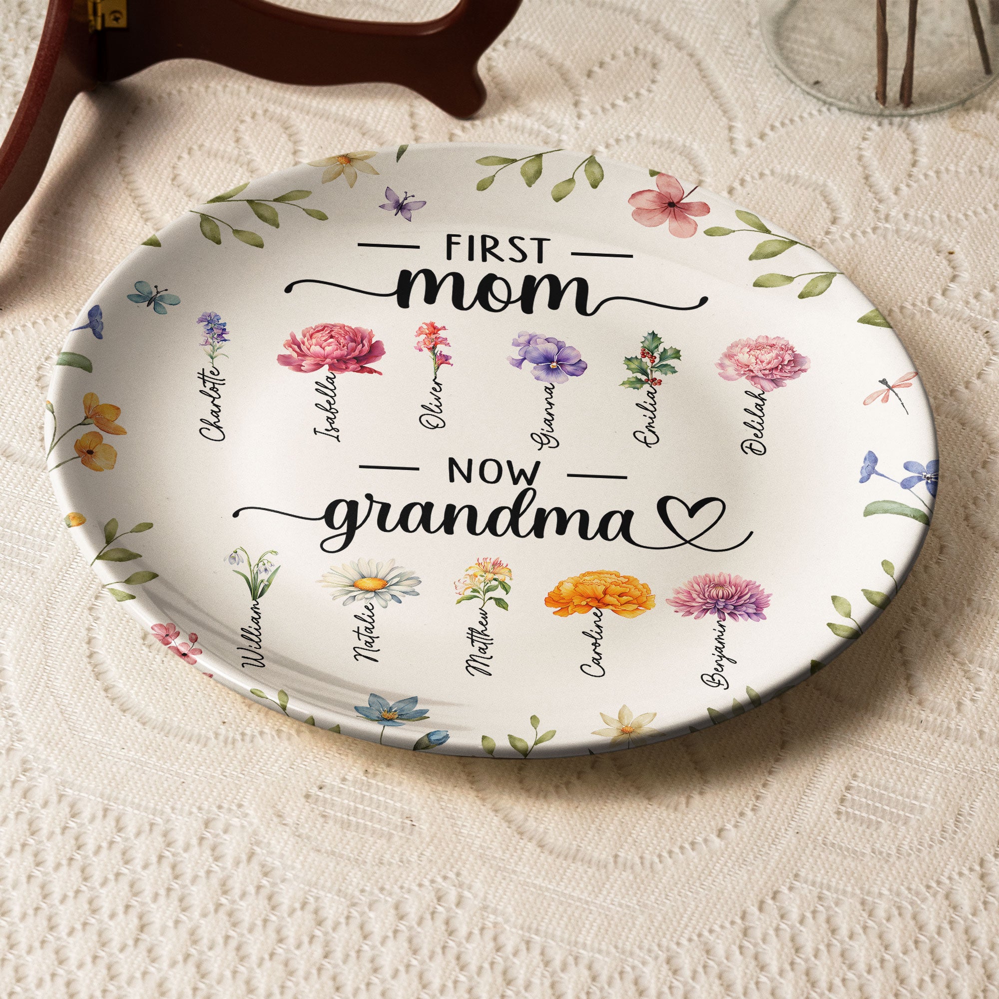 Birthday Flowers First Mom Now Grandma - Personalized Ceramic Plate