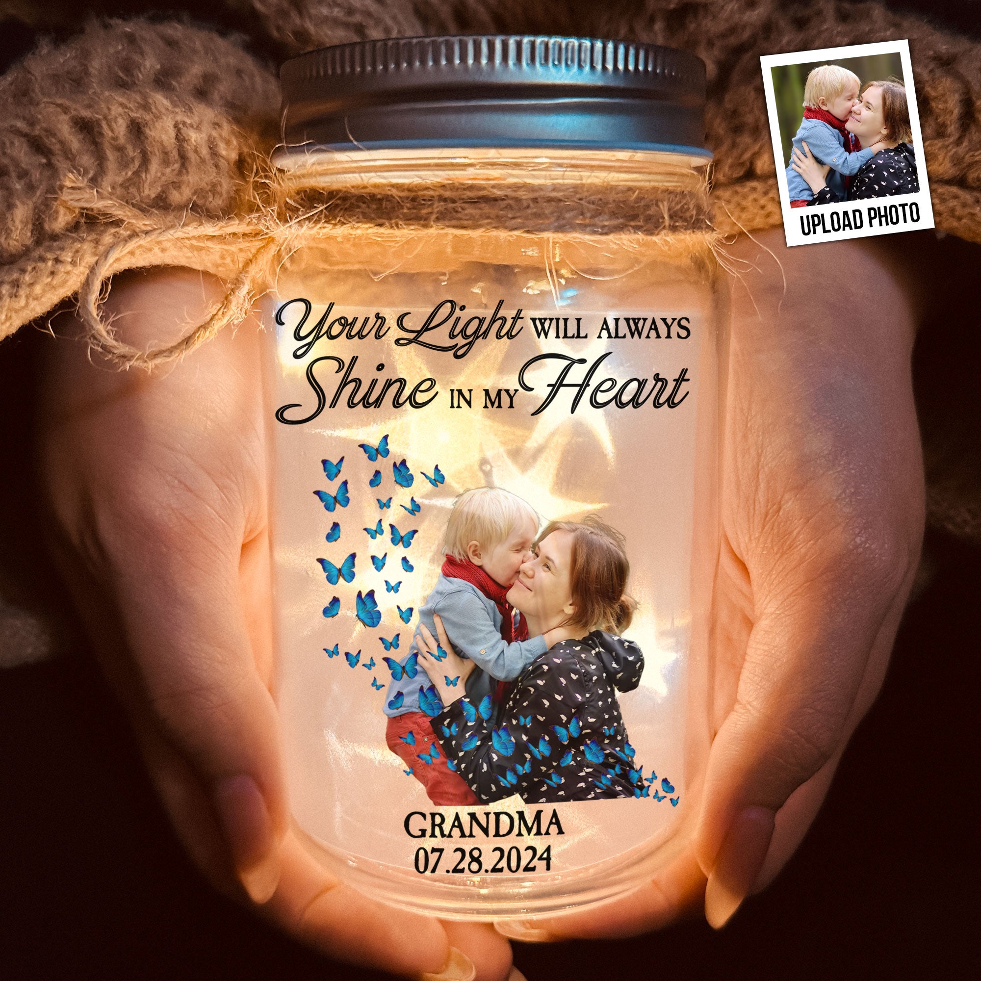 Butterflies Your Light Will Always Shine - Personalized Photo Mason Jar Light