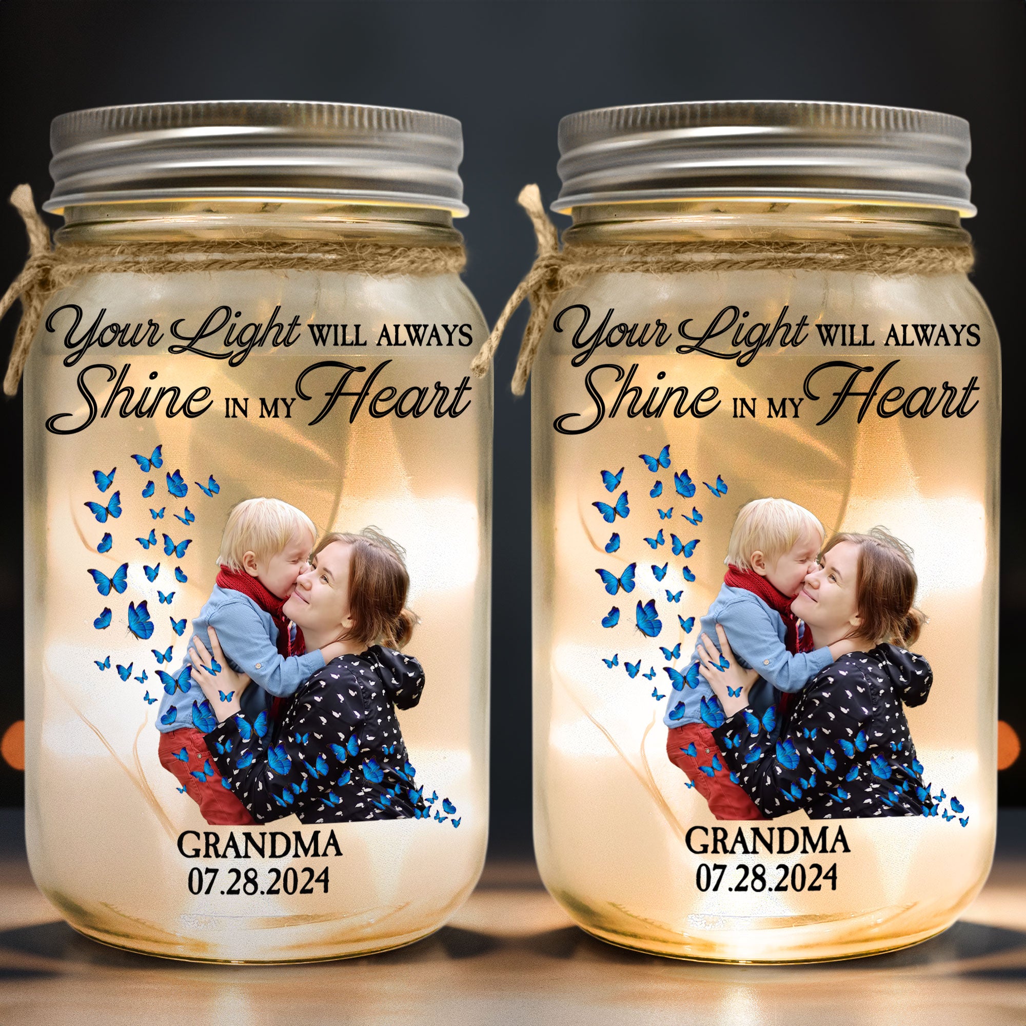 Butterflies Your Light Will Always Shine - Personalized Photo Mason Jar Light