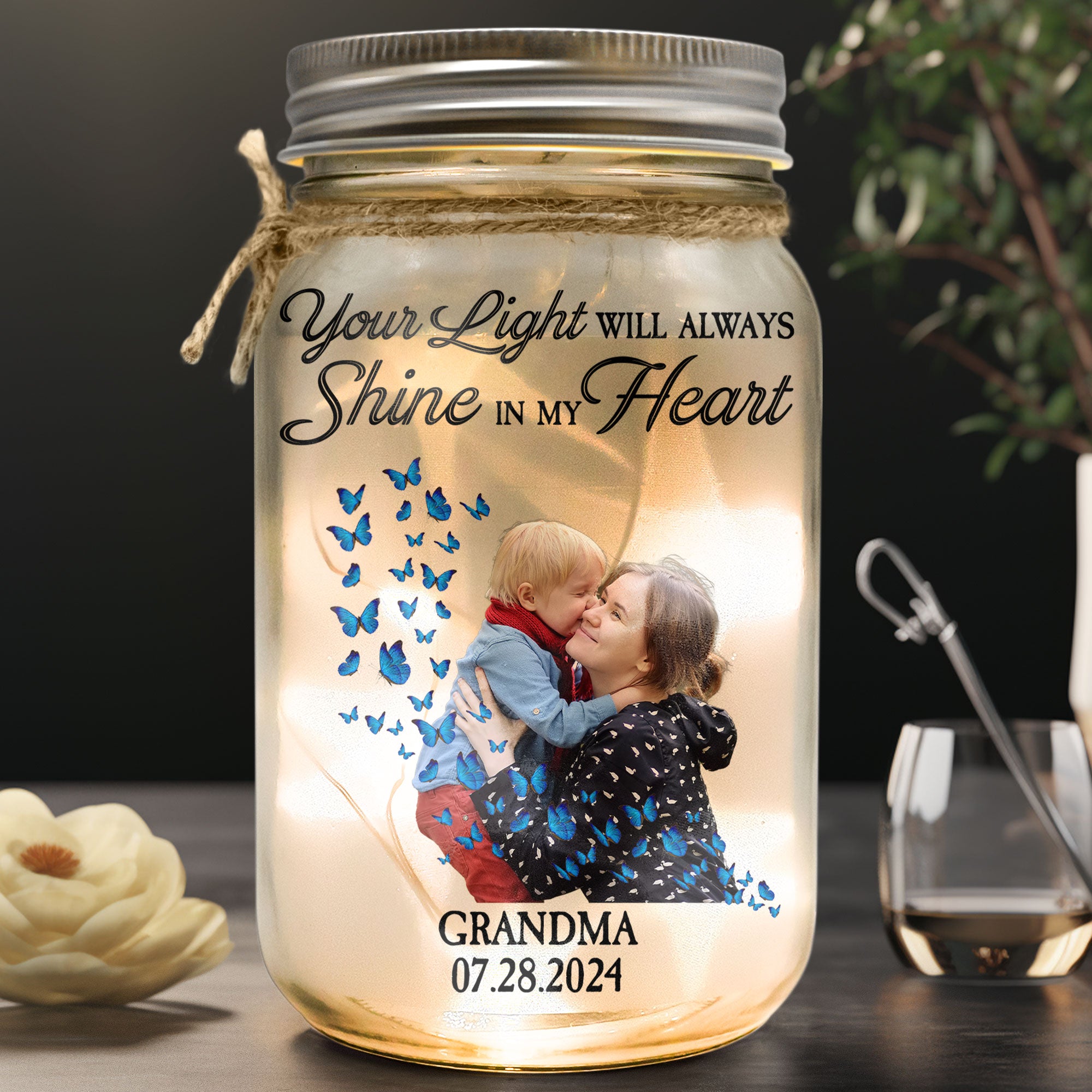 Butterflies Your Light Will Always Shine - Personalized Photo Mason Jar Light