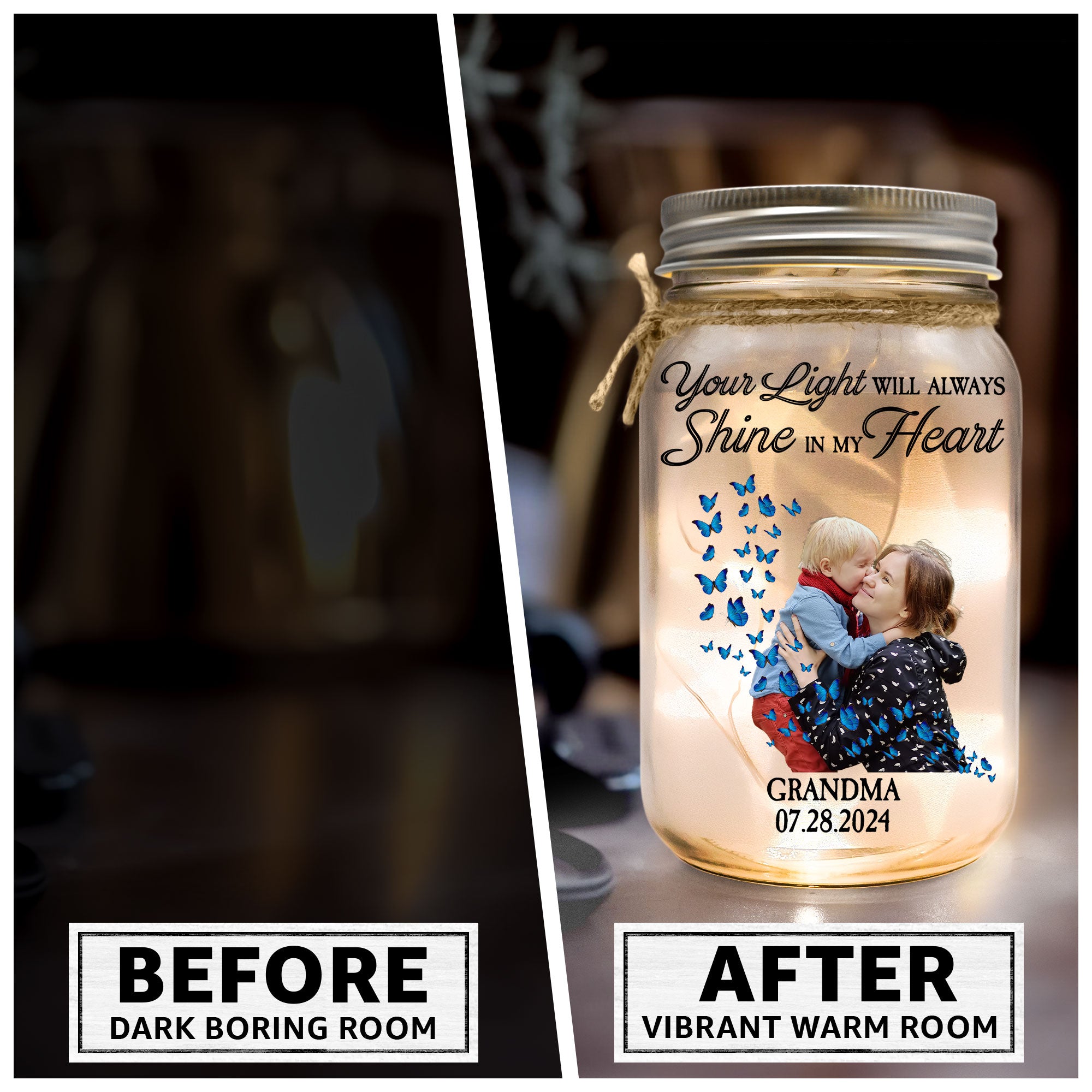 Butterflies Your Light Will Always Shine - Personalized Photo Mason Jar Light