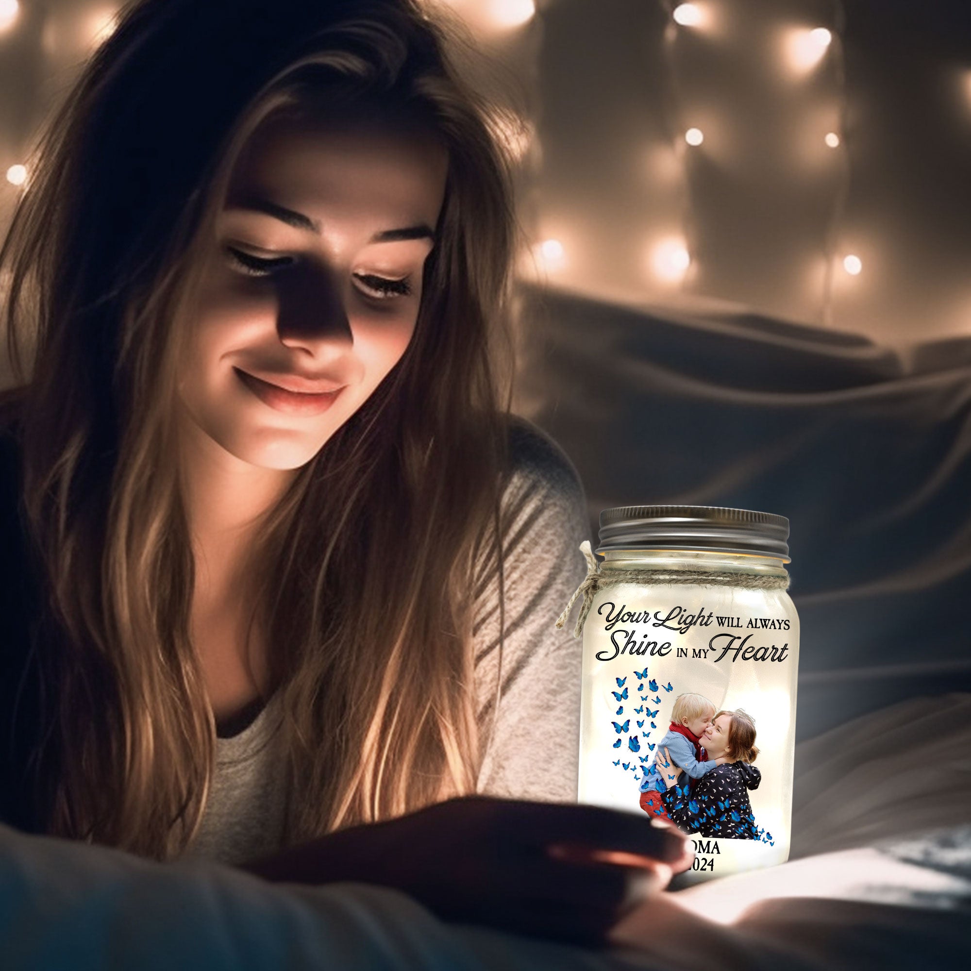 Butterflies Your Light Will Always Shine - Personalized Photo Mason Jar Light