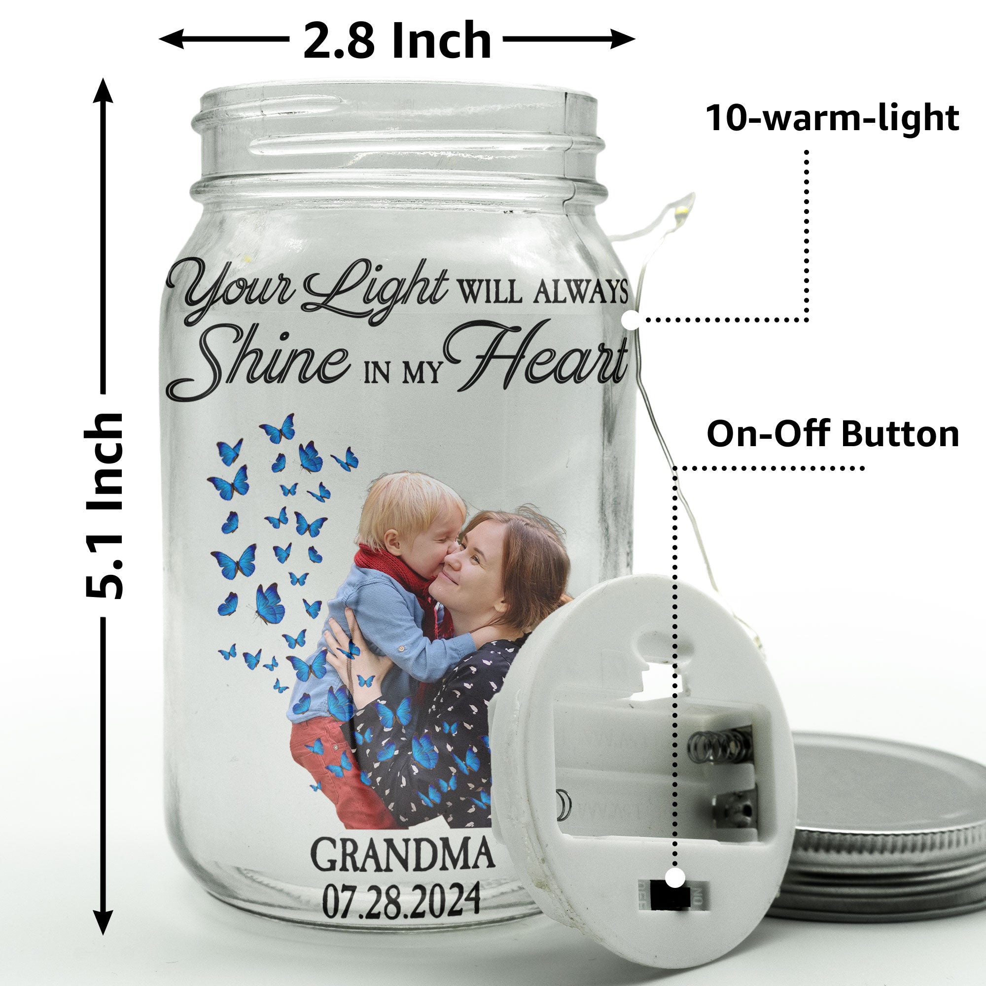 Butterflies Your Light Will Always Shine - Personalized Photo Mason Jar Light