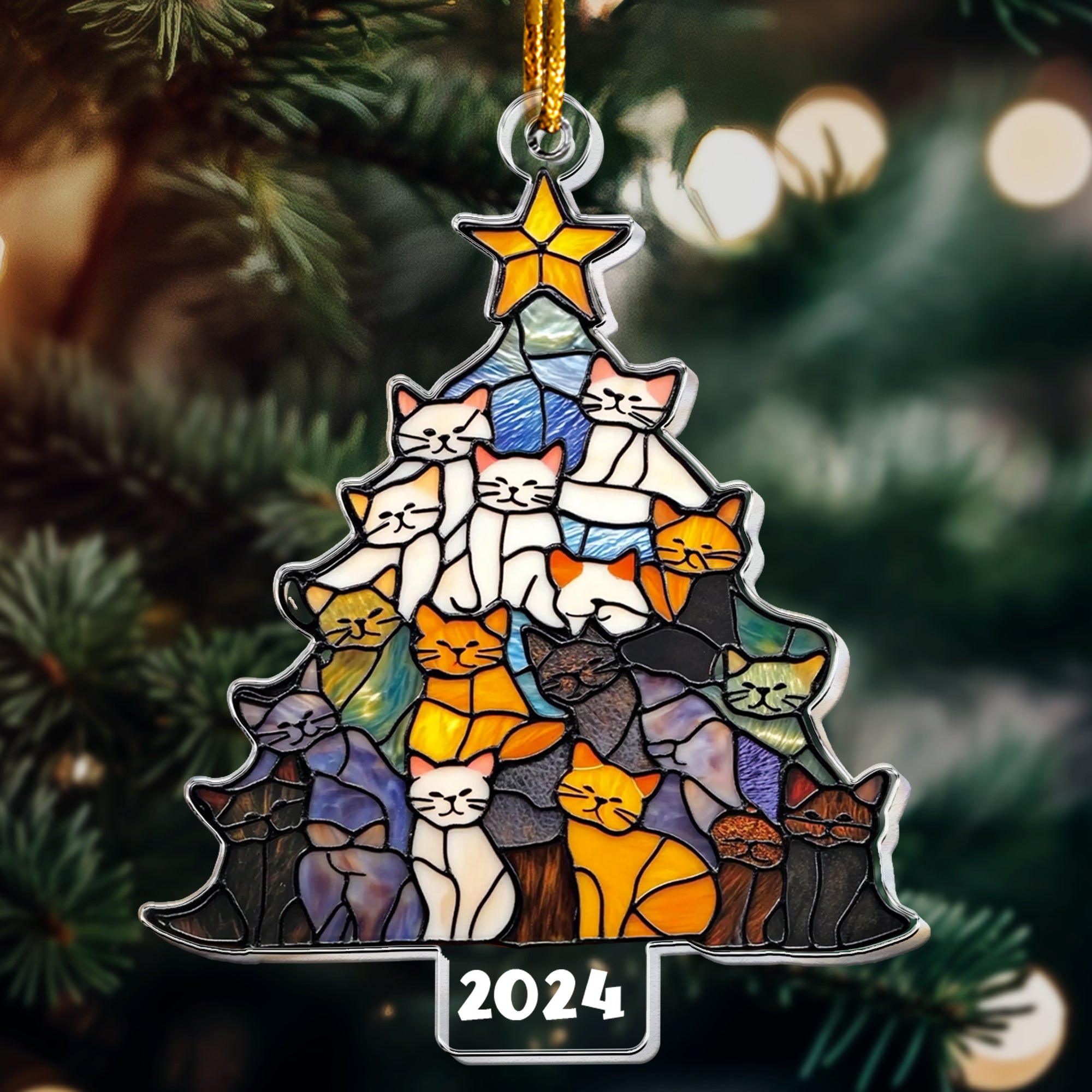 Cat Christmas Tree Flatten Stained Glass Style - Personalized Acrylic Ornament