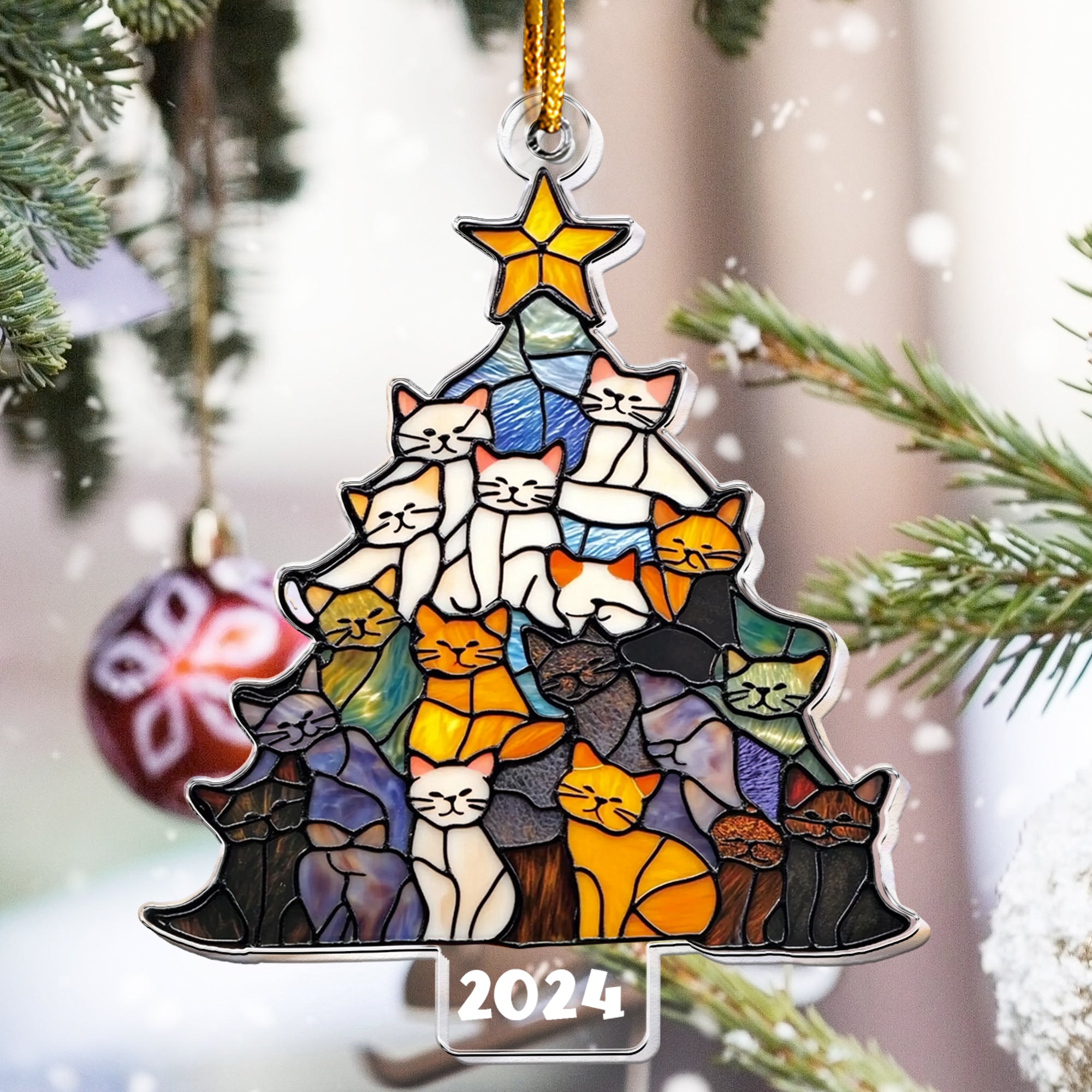 Cat Christmas Tree Flatten Stained Glass Style - Personalized Acrylic Ornament