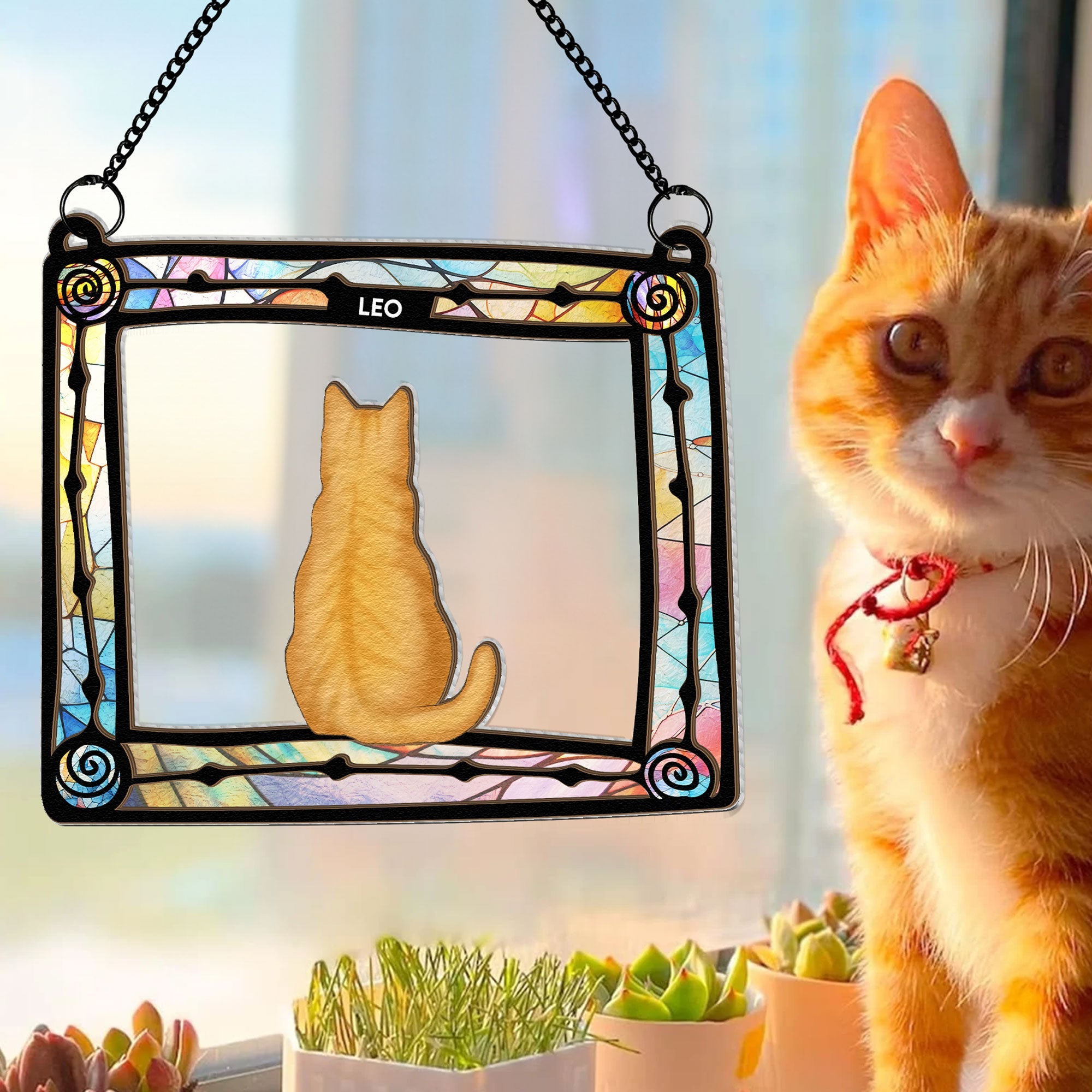 Cat Sitting In Frame - Personalized Window Hanging Suncatcher Ornament