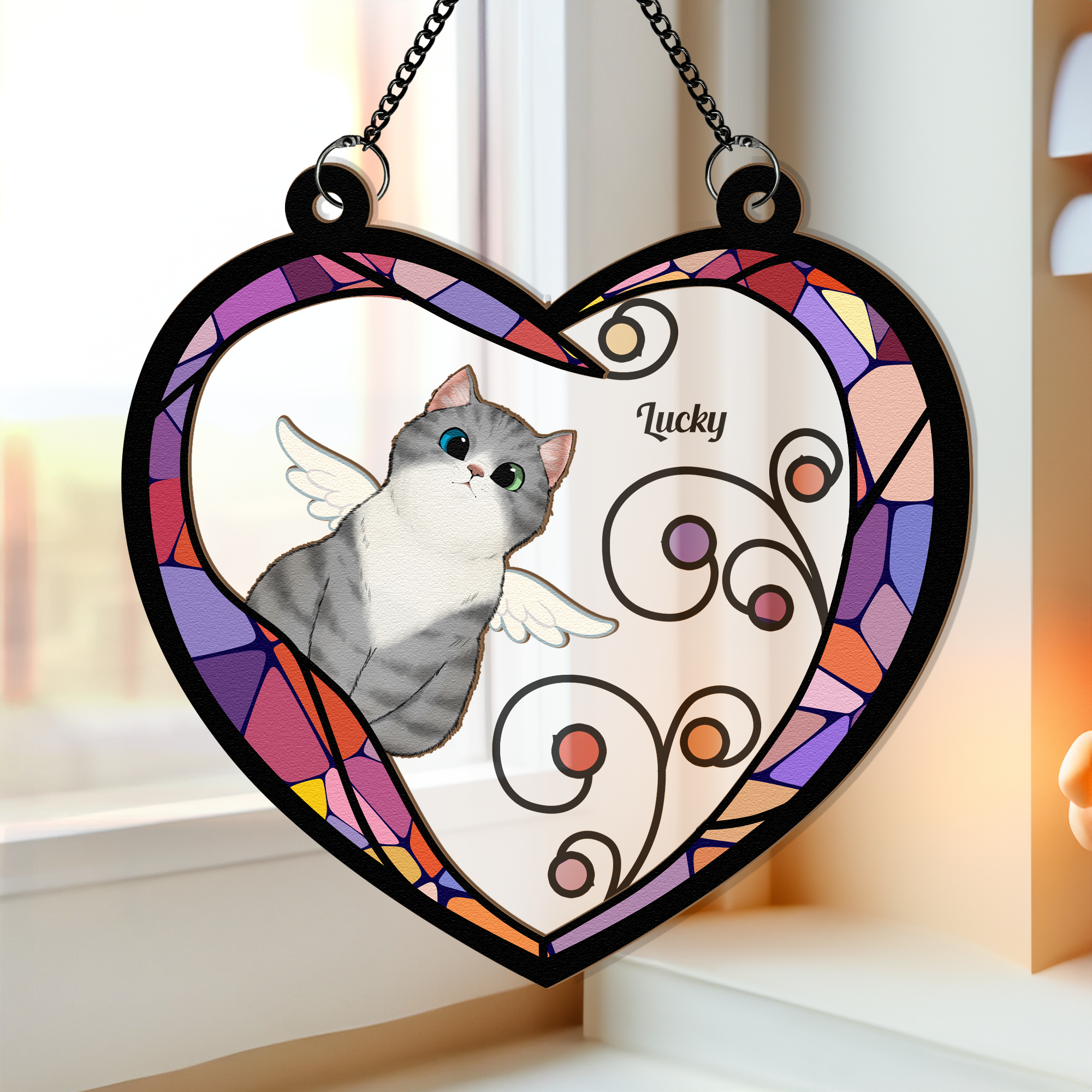 Cat Memorial Heart - Personalized Window Hanging Suncatcher Ornament