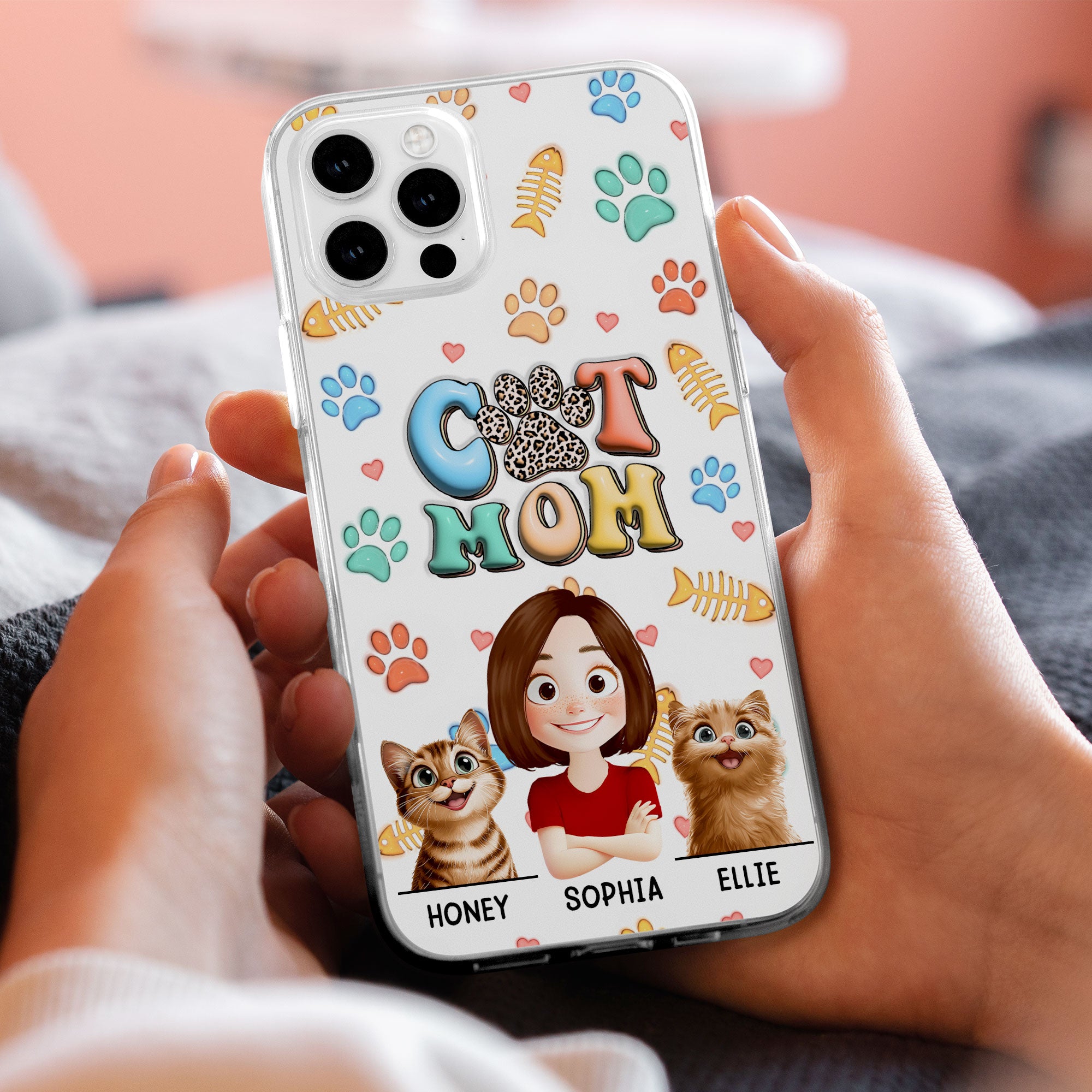 Cat Mom 3D Style Pattern - Personalized Clear Phone Case