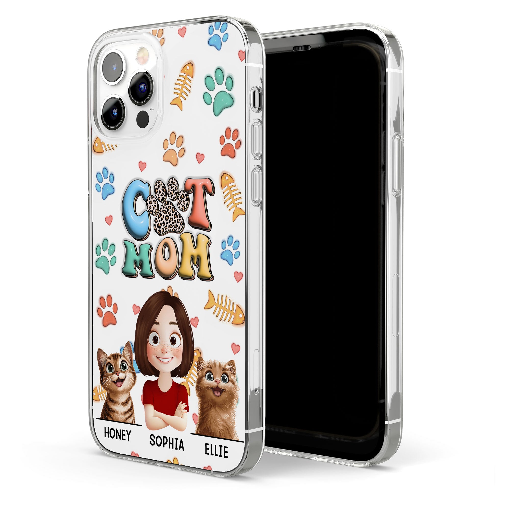 Cat Mom 3D Style Pattern - Personalized Clear Phone Case