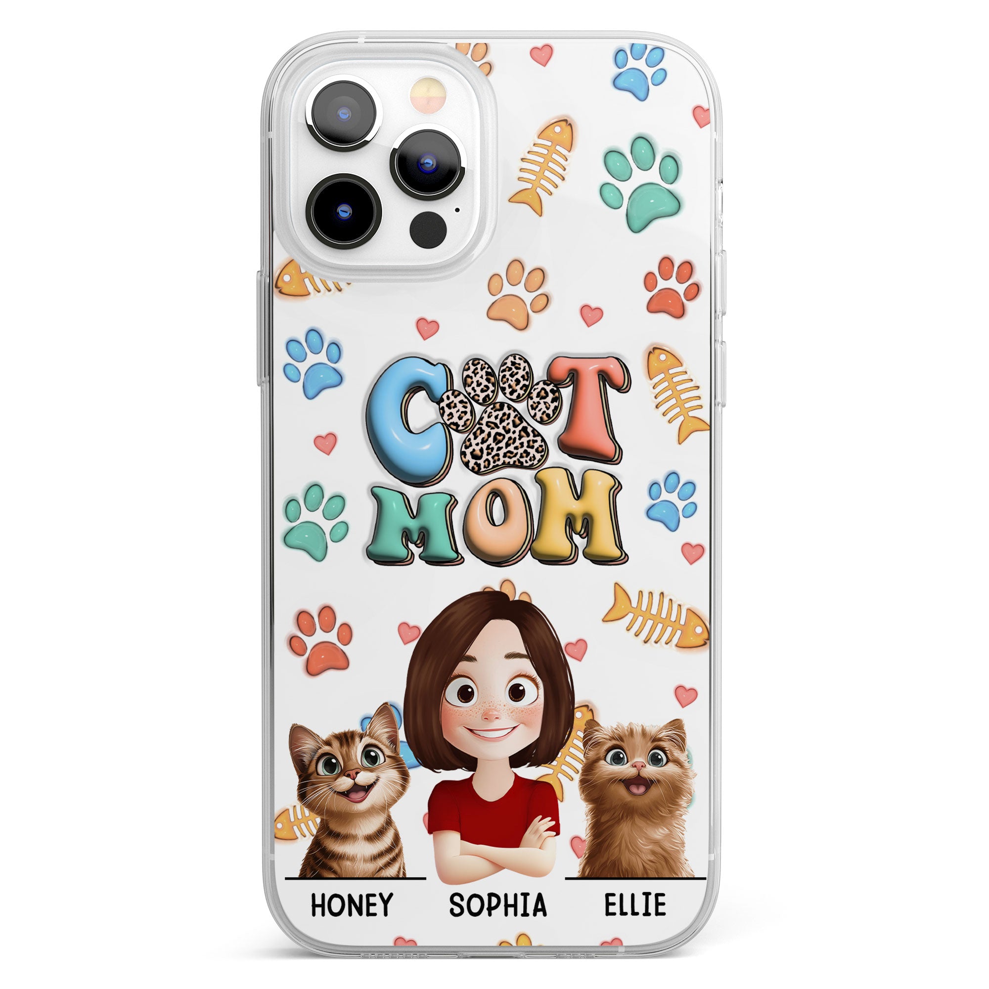 Cat Mom 3D Style Pattern - Personalized Clear Phone Case