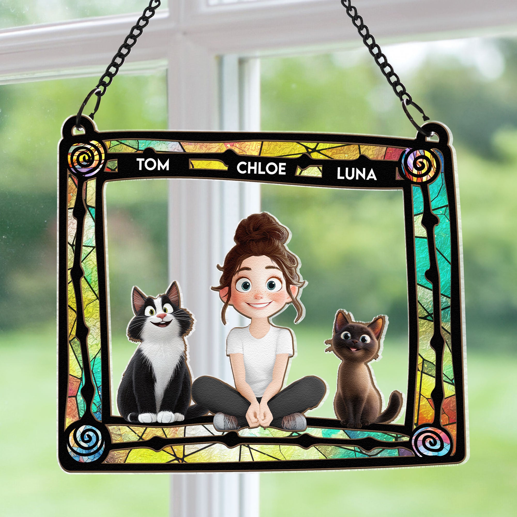 Cat Mom And Her Cats - Personalized Window Hanging Suncatcher Ornament