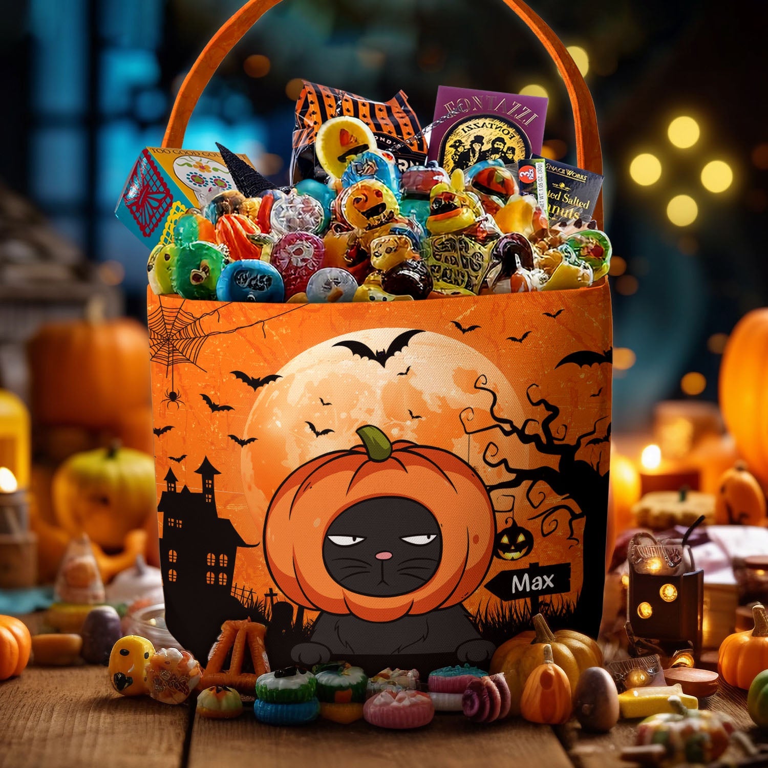 Cat Pumpkin Halloween Trick Or Treat Bag - Personalized Halloween Spooky Basket