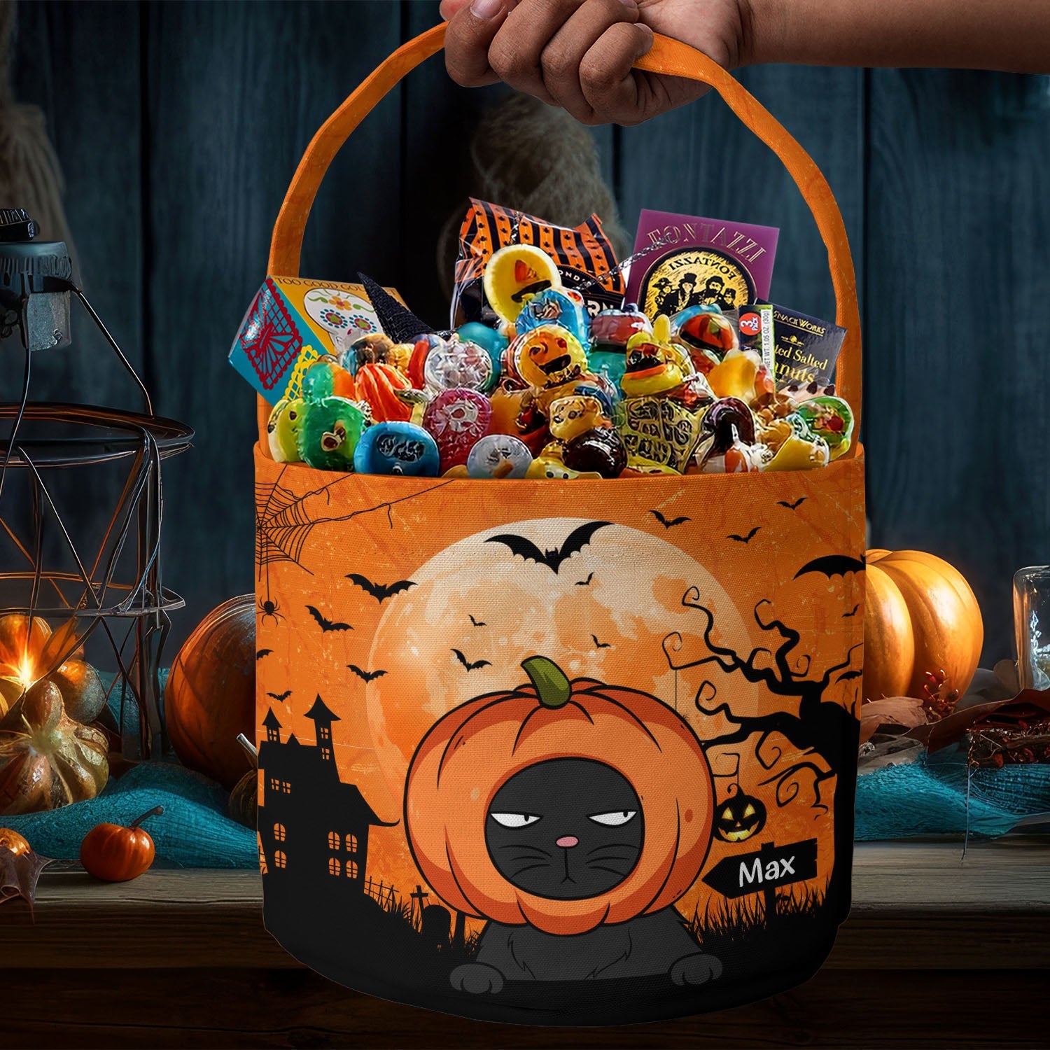 Cat Pumpkin Halloween Trick Or Treat Bag - Personalized Halloween Spooky Basket