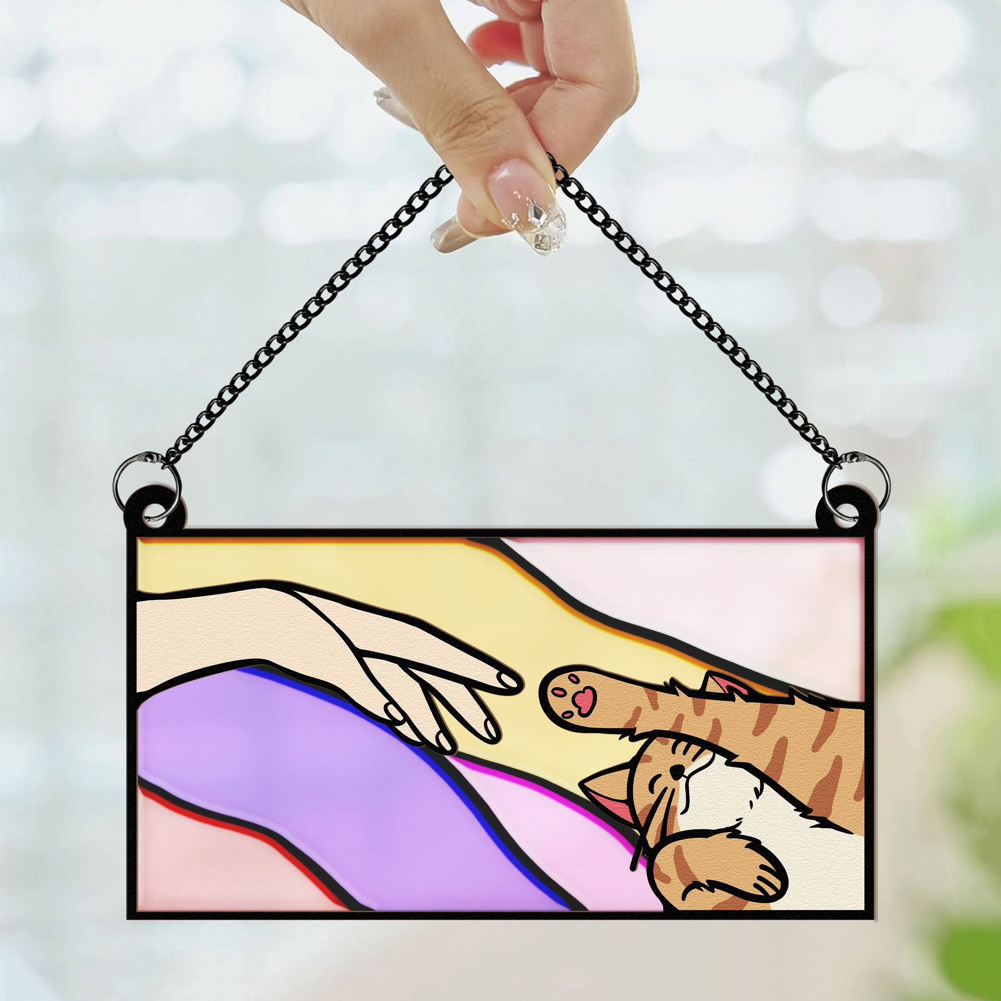 Cat Reaching For Hand - Personalized Window Hanging Suncatcher Ornament