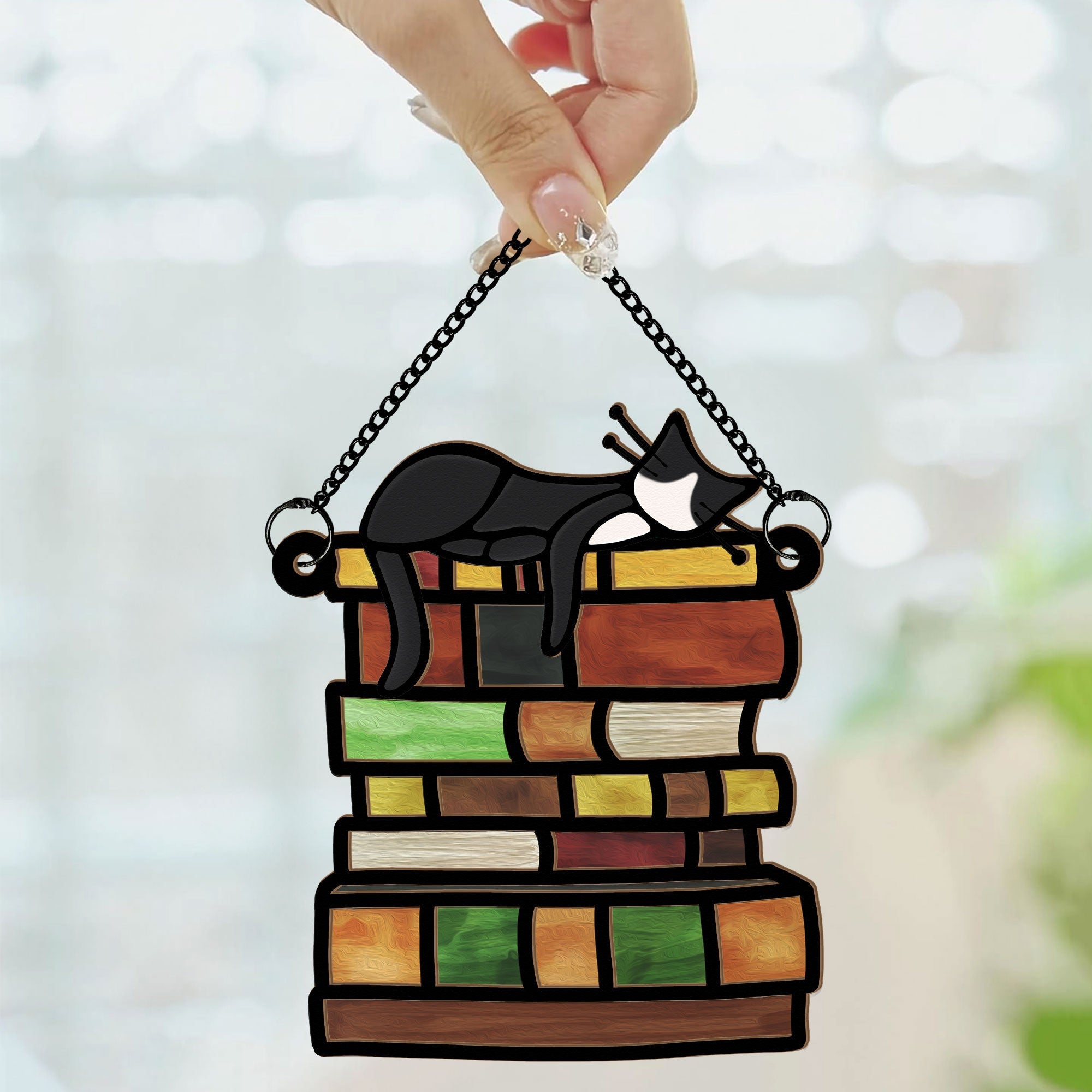 Cat Sleeping On Books - Personalized Window Hanging Suncatcher Ornament