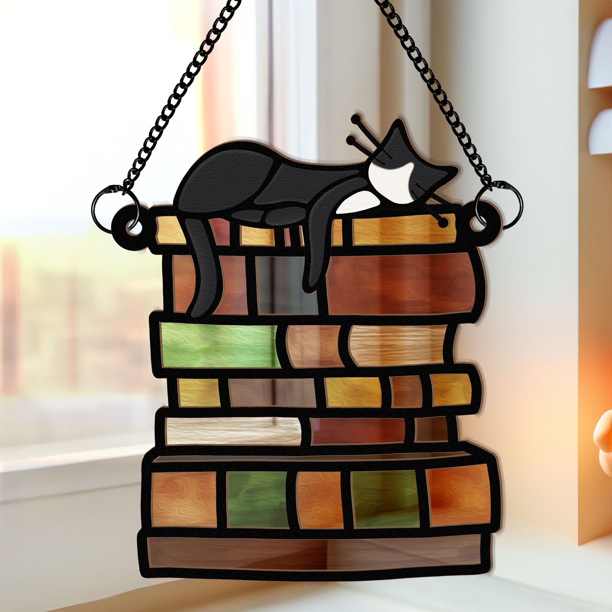 Cat Sleeping On Books - Personalized Window Hanging Suncatcher Ornament