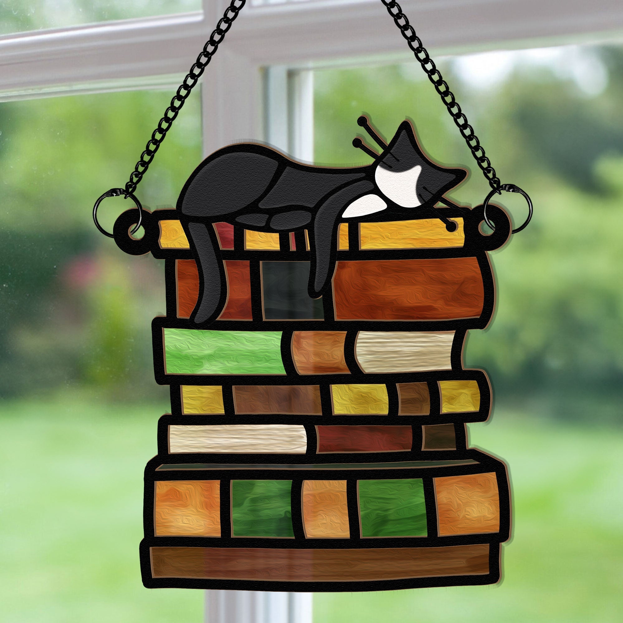 Cat Sleeping On Books - Personalized Window Hanging Suncatcher Ornament