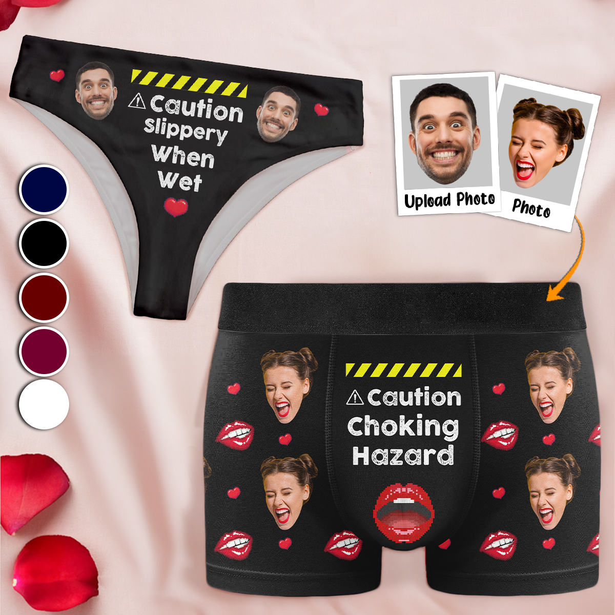 Caution Naughty Fun Anniversary Valentines - Personalized Photo Couple Matching Underwear