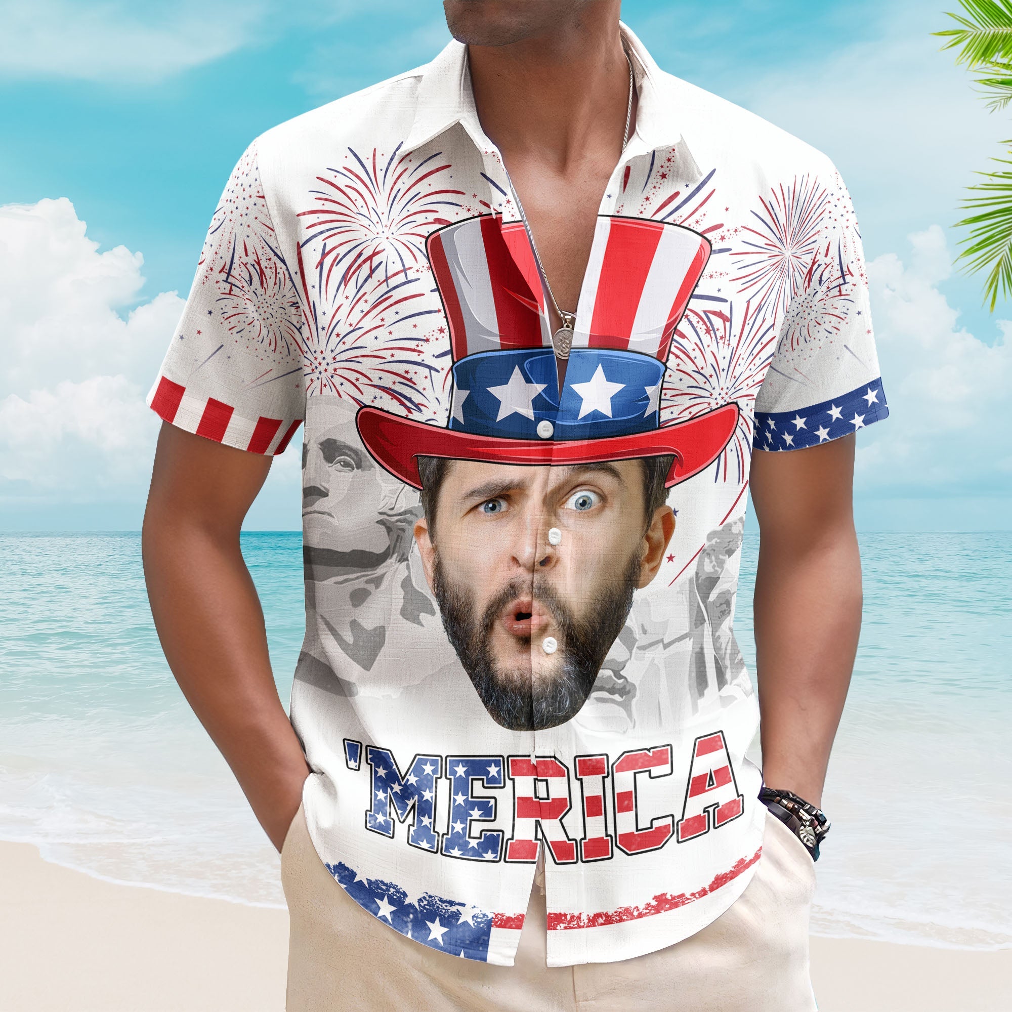 Celebrate The 4Th Of July With Merica Pattern - Personalized Photo Hawaiian Shirt