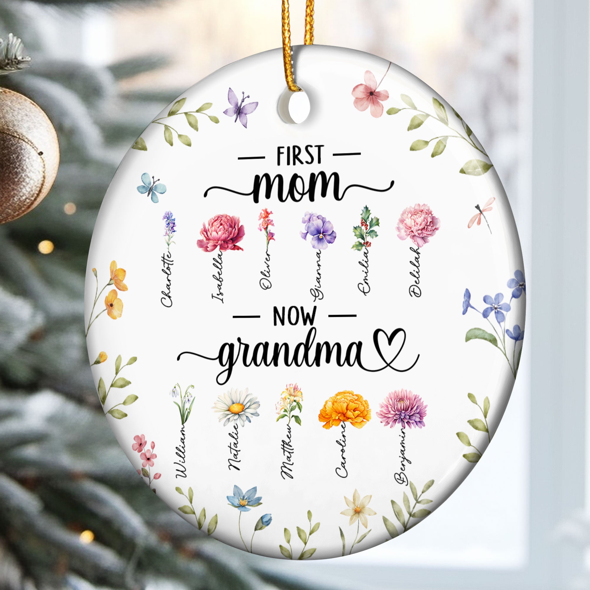 Ceramic Ornament Flowers First Mom Now Grandma - Personalized Ceramic Ornament