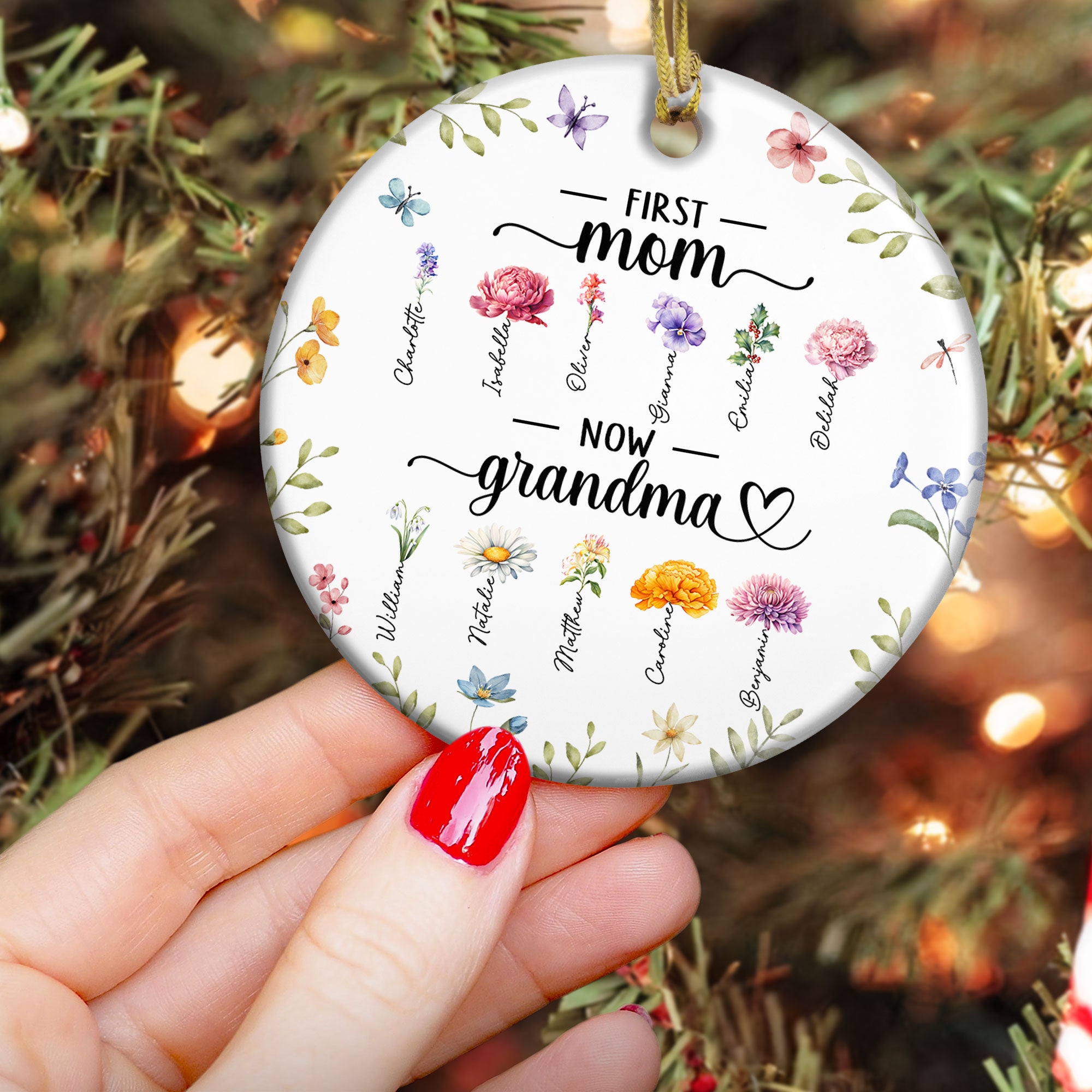 Ceramic Ornament Flowers First Mom Now Grandma - Personalized Ceramic Ornament