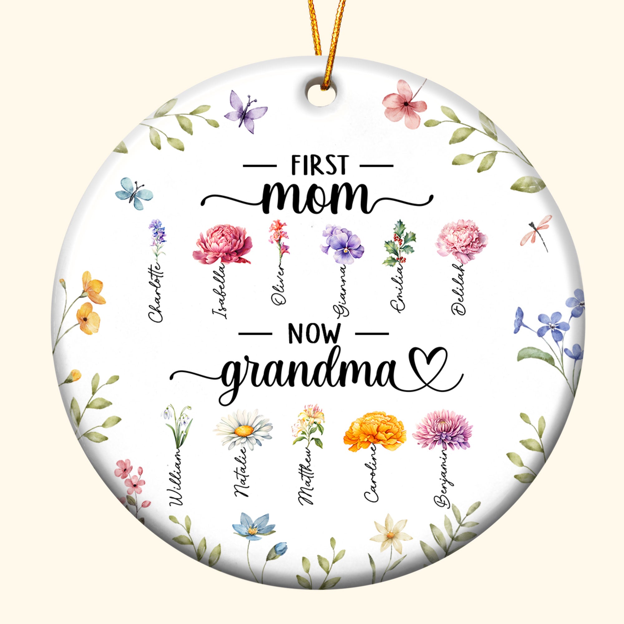 Ceramic Ornament Flowers First Mom Now Grandma - Personalized Ceramic Ornament