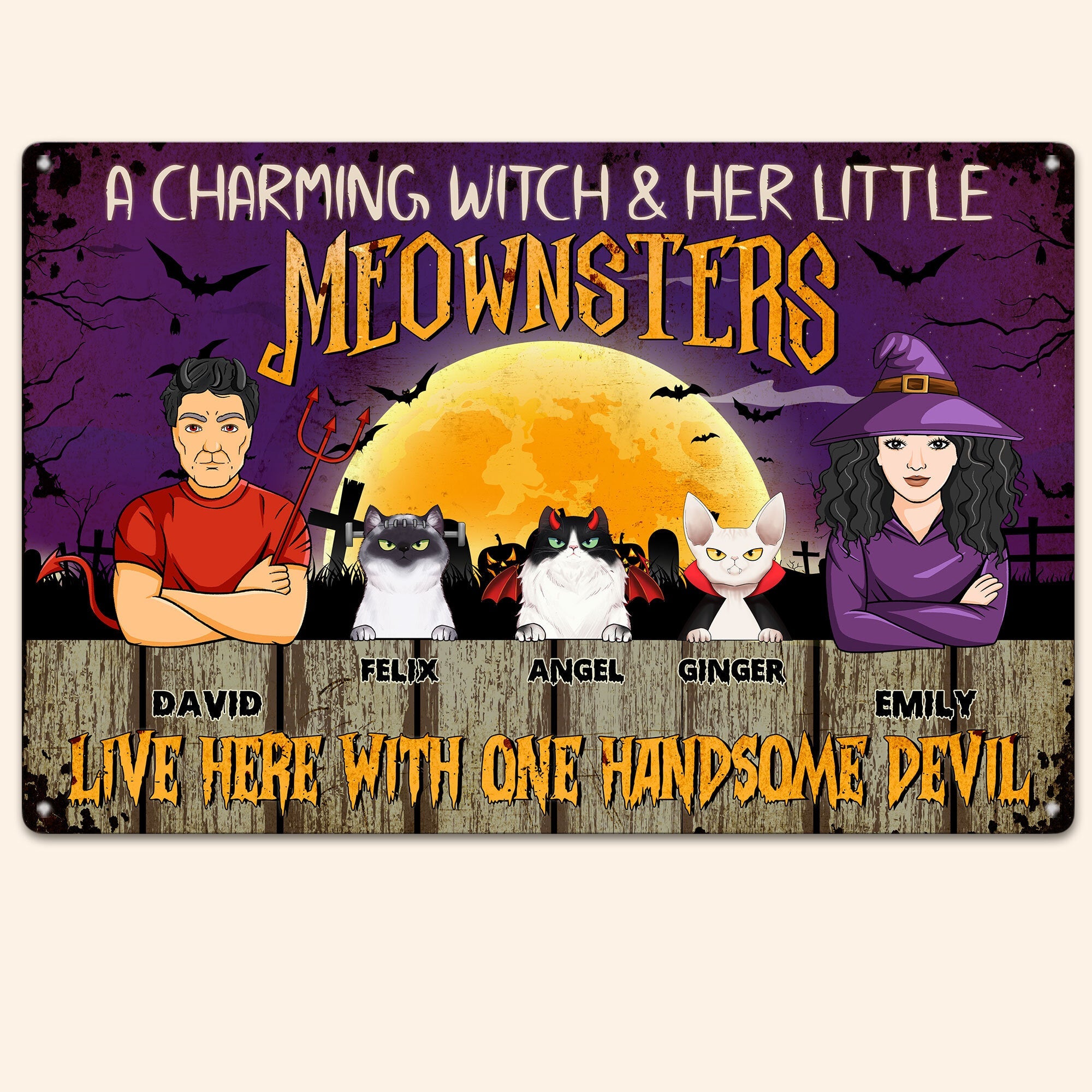 Charming Witch, Little Meownsters And Handsome Devil - Personalized Metal Sign