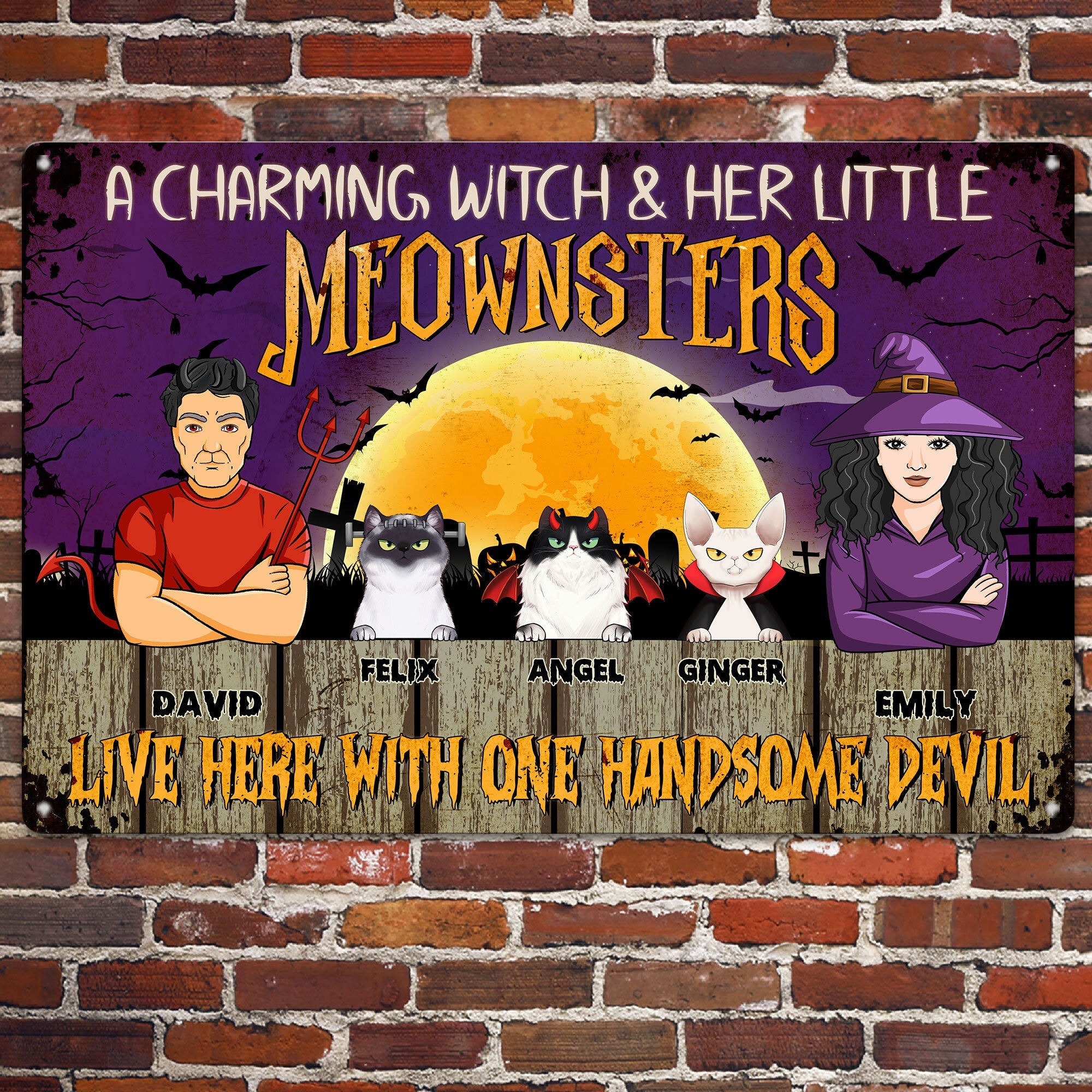 Charming Witch, Little Meownsters And Handsome Devil - Personalized Metal Sign