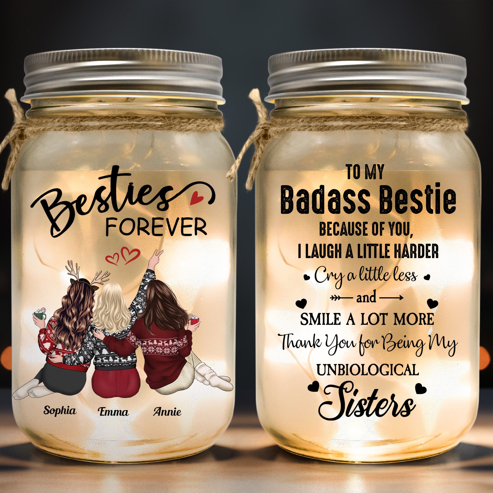 Christmas Besties Because Of You I Laugh Little Harder - Personalized Mason Jar Light