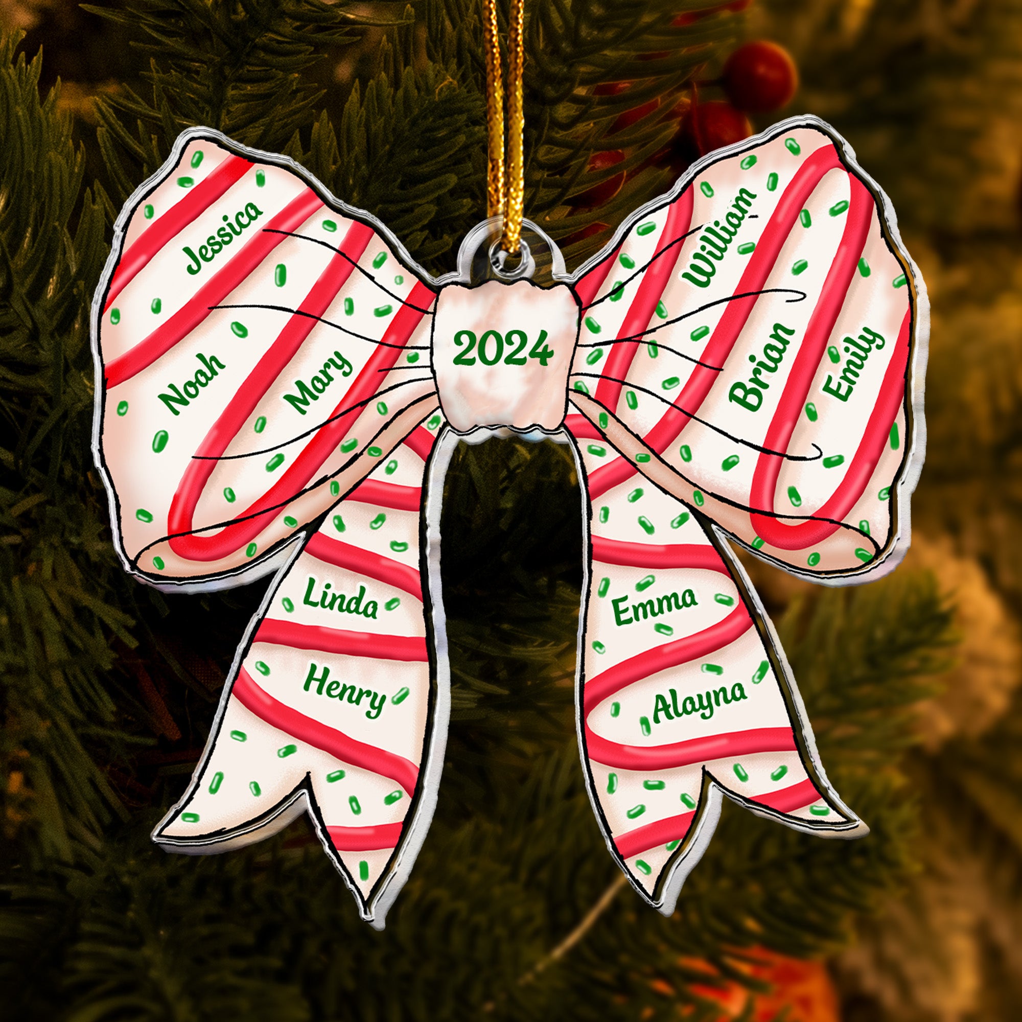 Christmas Cake Bow Shaped Custom Family Name - Personalized Acrylic Ornament