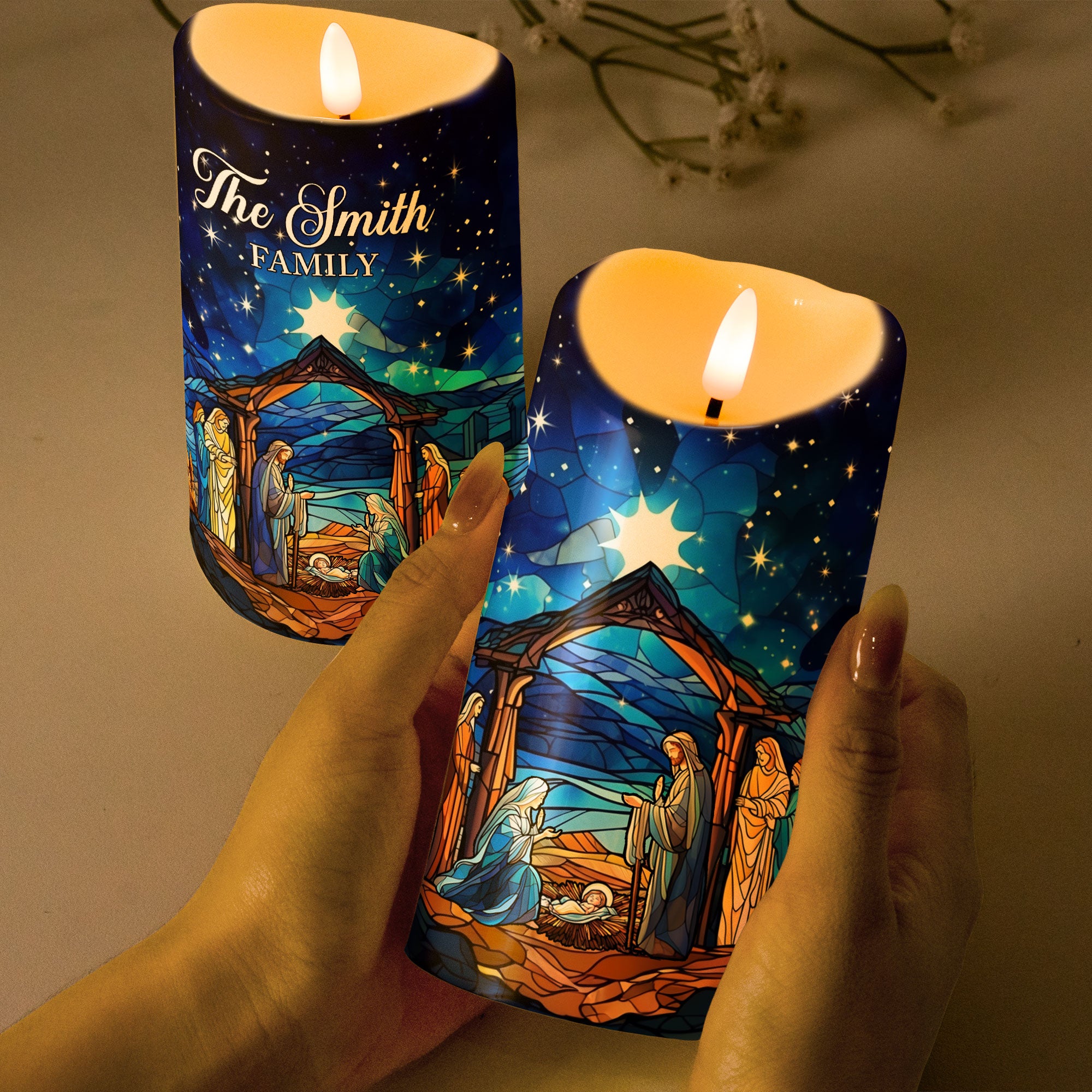 Christmas Nativity Scene - Personalized LED Candle