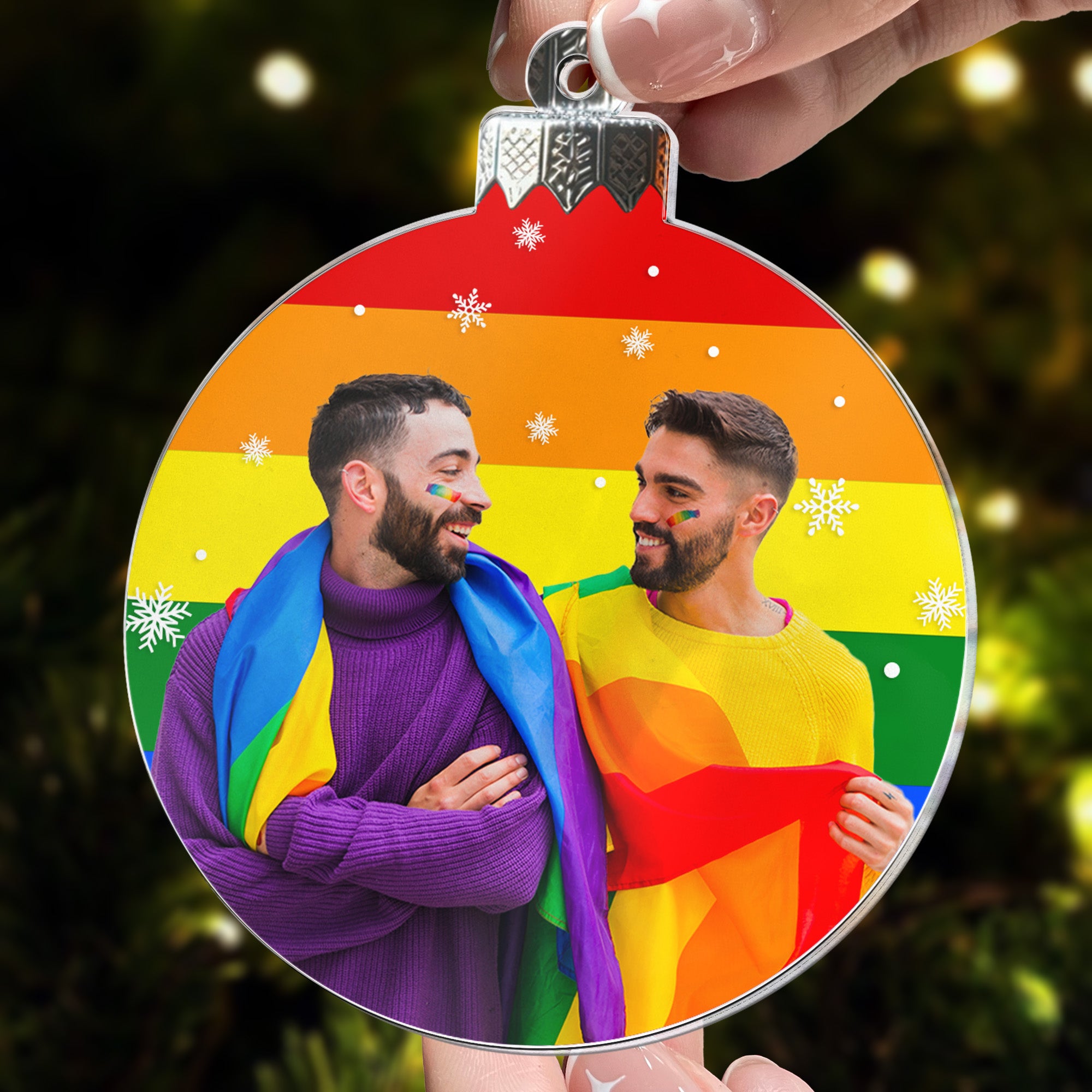 Christmas Snowball Rainbow For Couple Family - Personalized Acrylic Photo Ornament