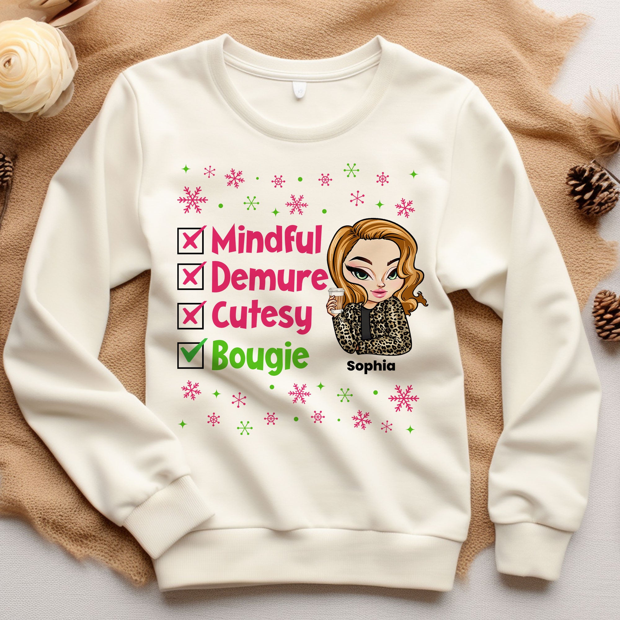 Christmas Sweatshirt Mindful Demure Cutesy Bougie - Personalized Sweatshirt