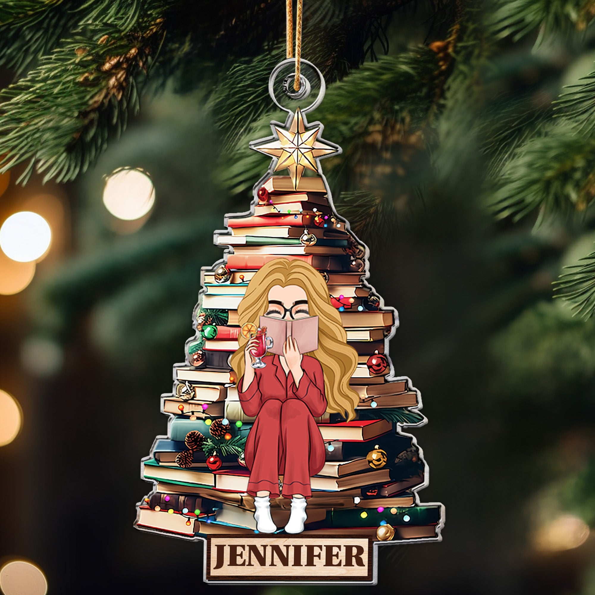 Christmas Tree Girl Loves Books - Personalized Acrylic Ornament