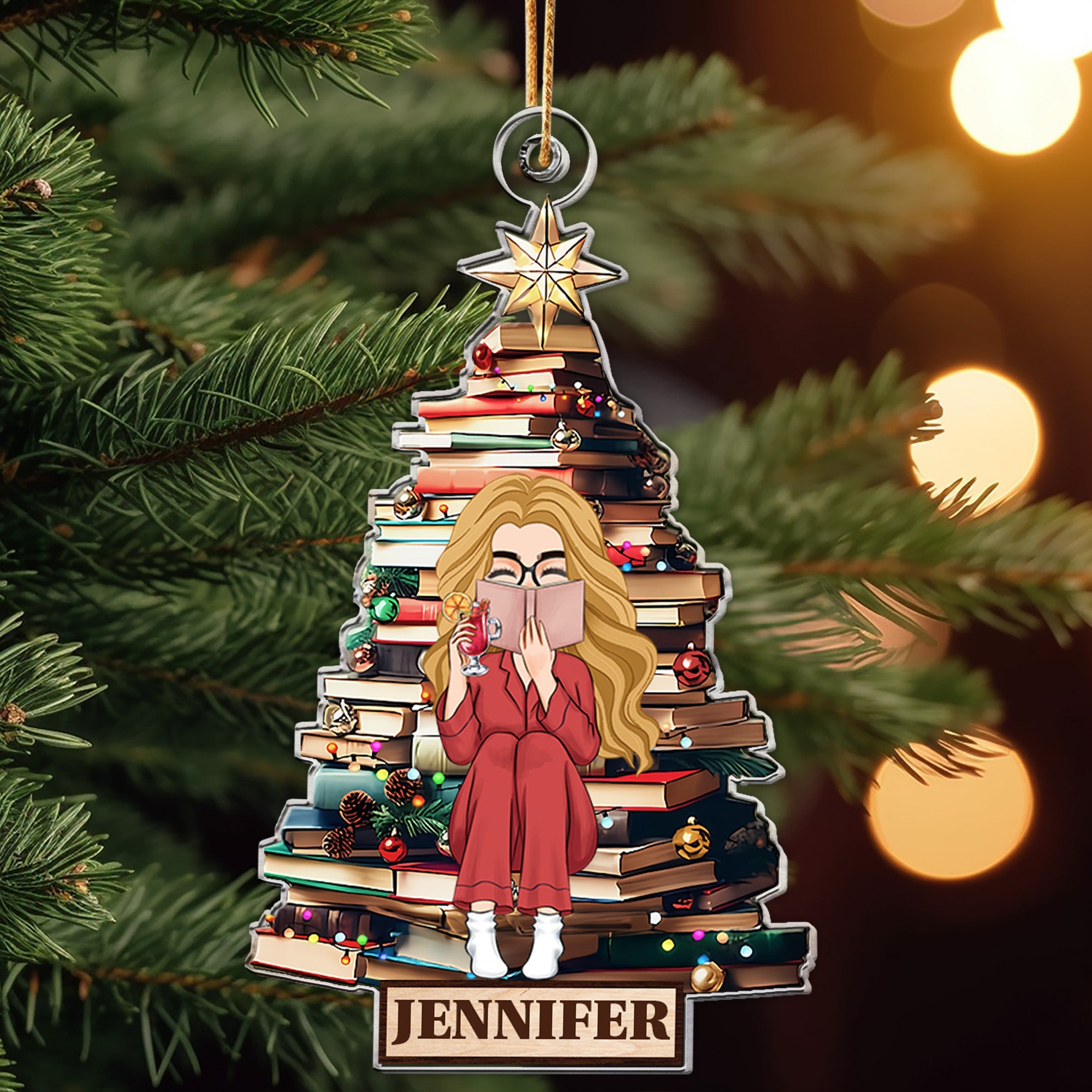 Christmas Tree Girl Loves Books - Personalized Acrylic Ornament