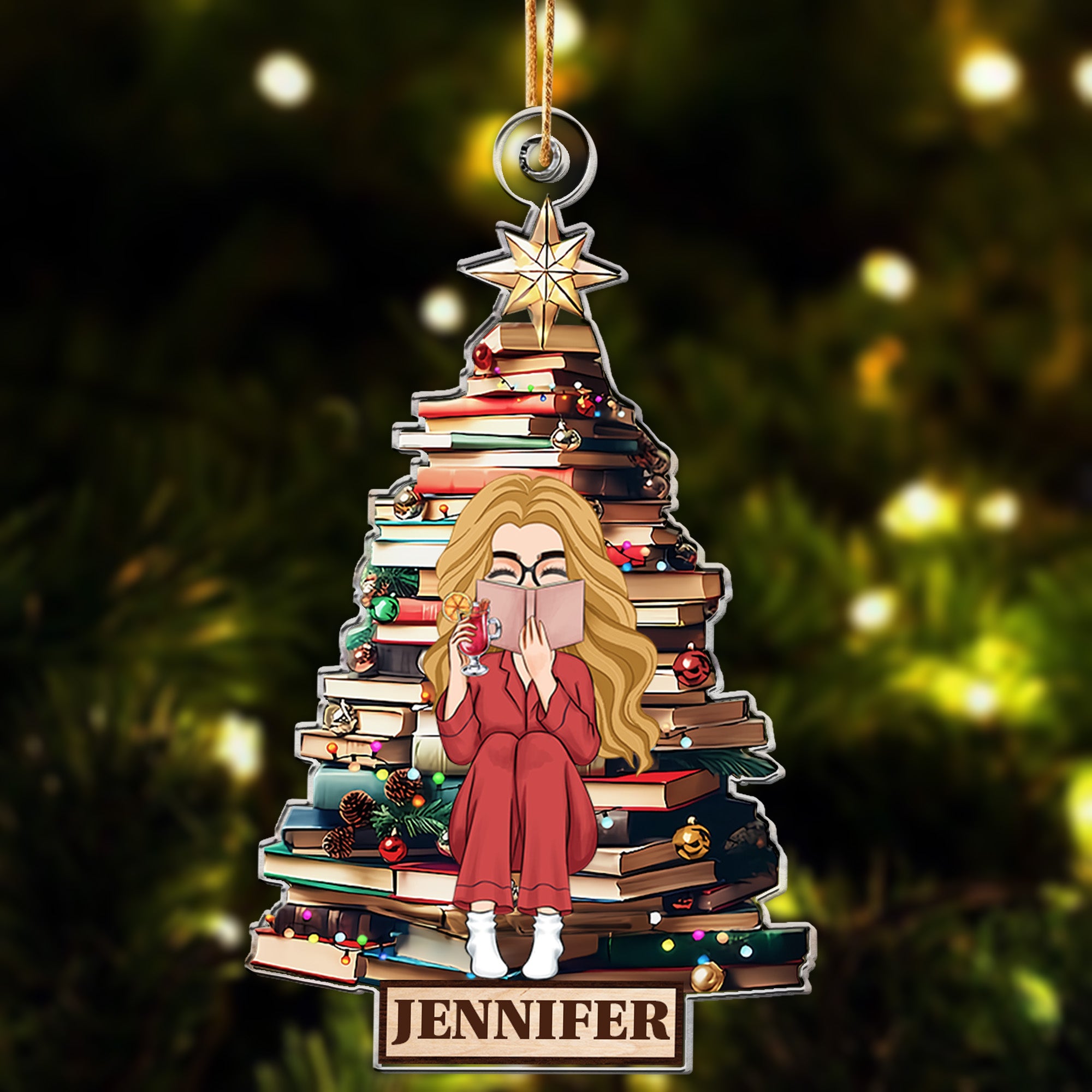 Christmas Tree Girl Loves Books - Personalized Acrylic Ornament