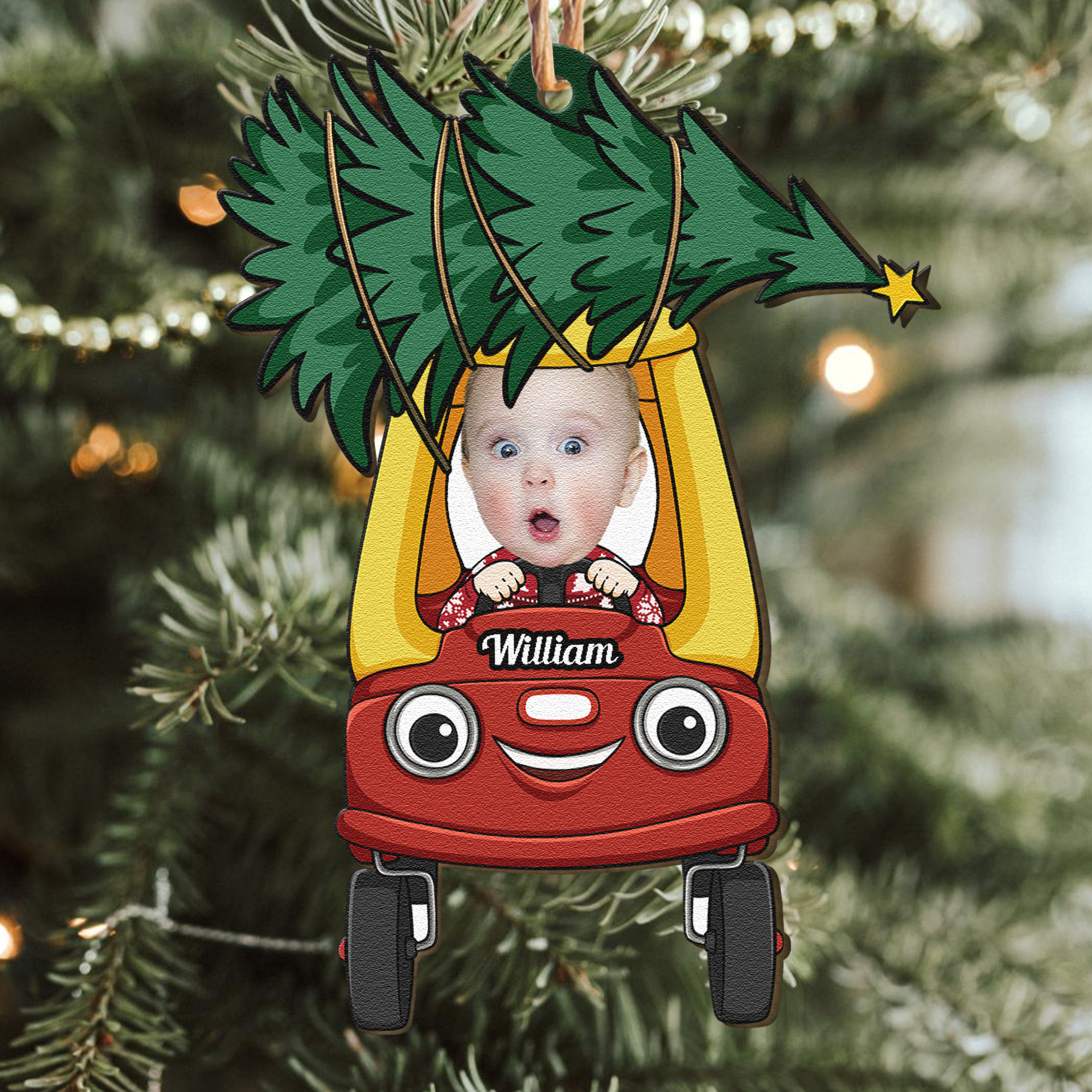 Christmas Tree On Car - Personalized Wooden Photo Ornament