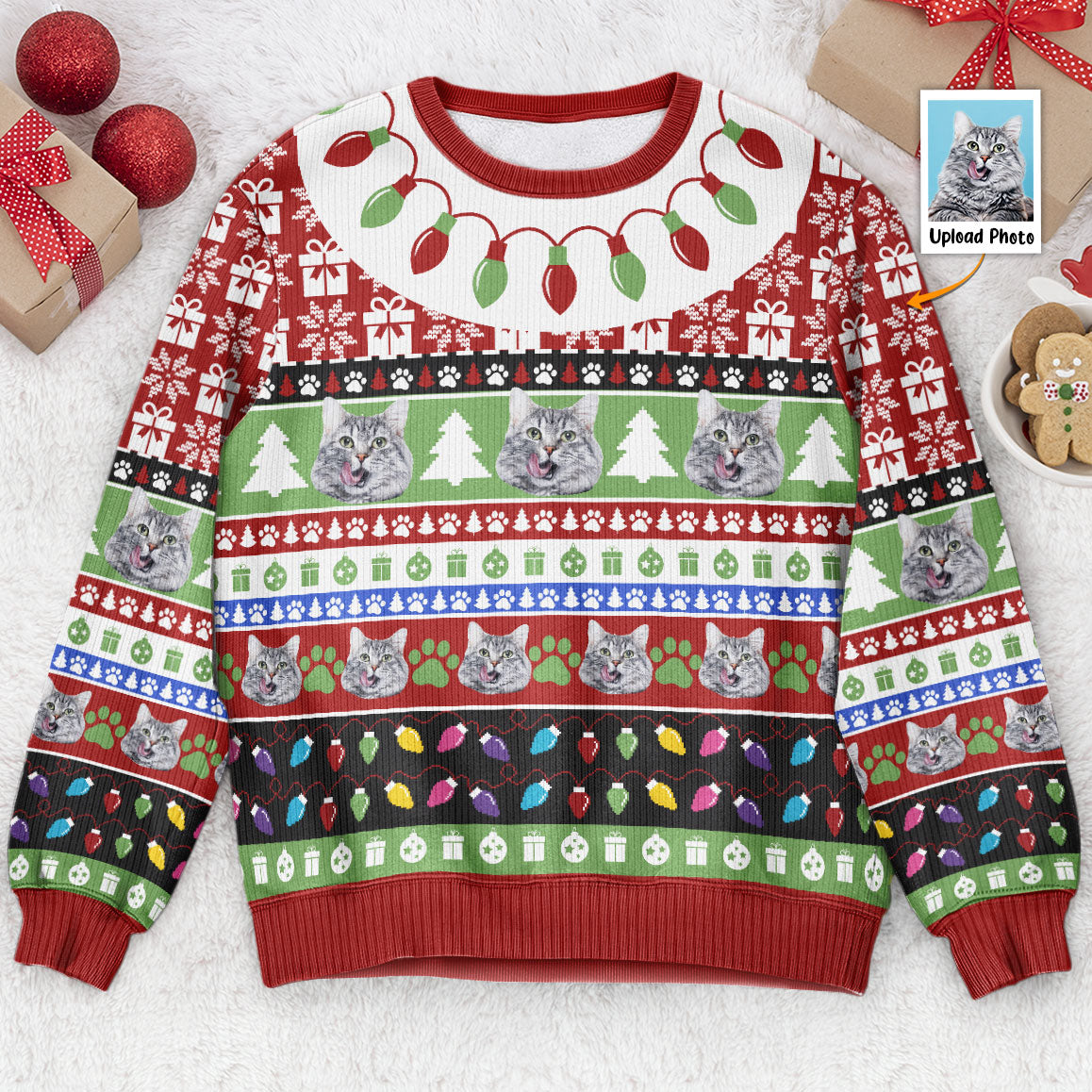 Christmas & Your Cat - Personalized Photo Ugly Sweater