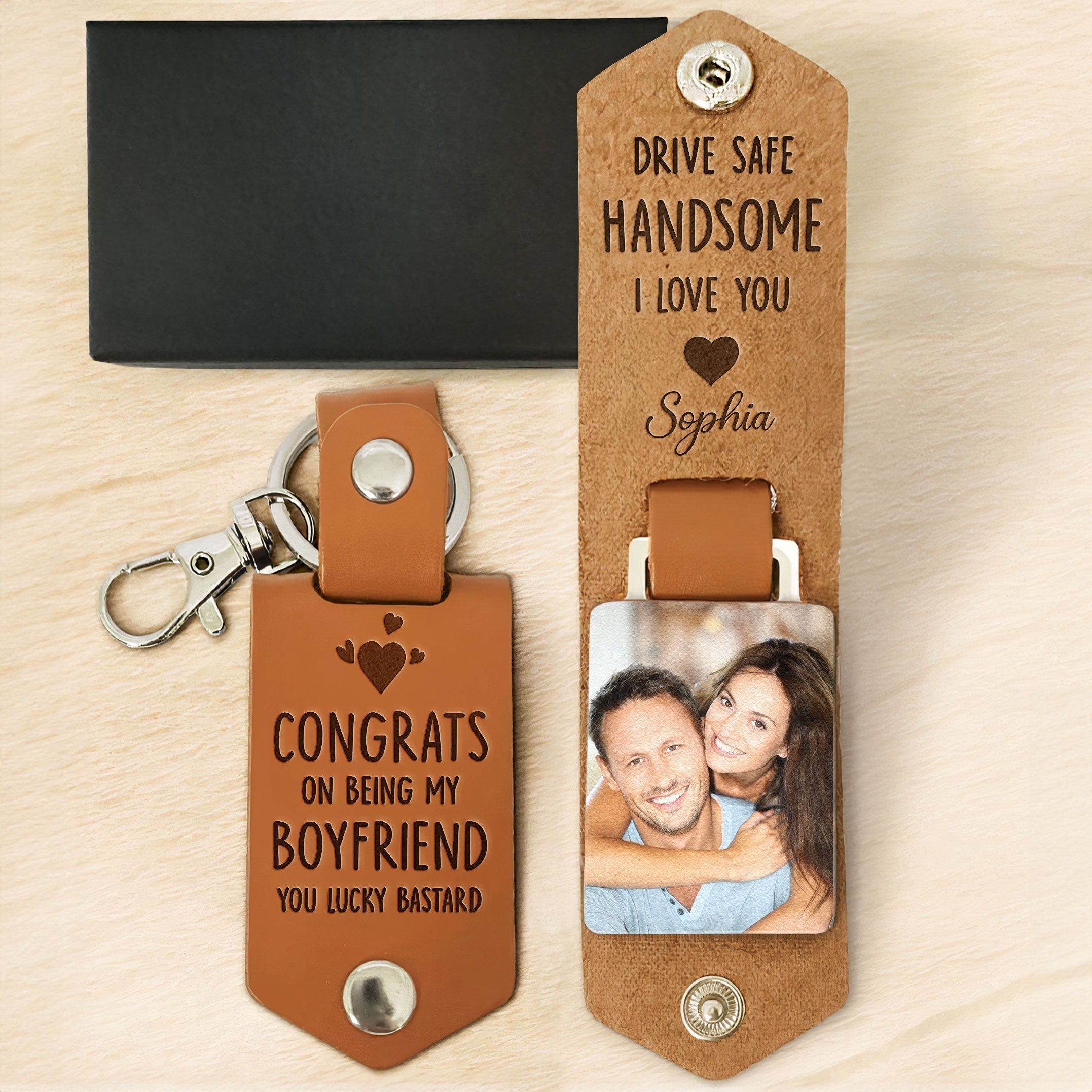 Congrats On Being My Boyfriend - Personalized Leather Photo Keychain