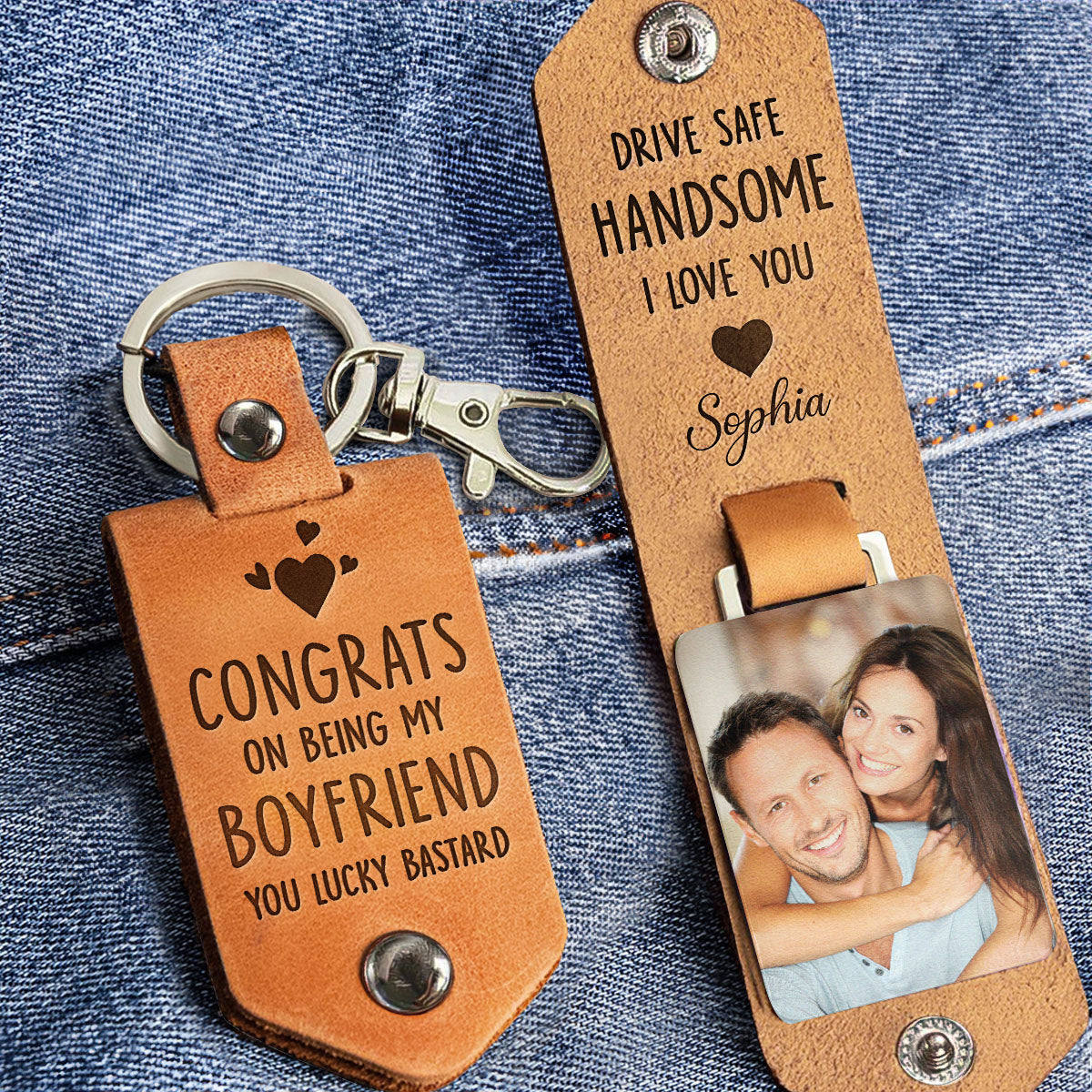 Congrats On Being My Boyfriend - Personalized Leather Photo Keychain