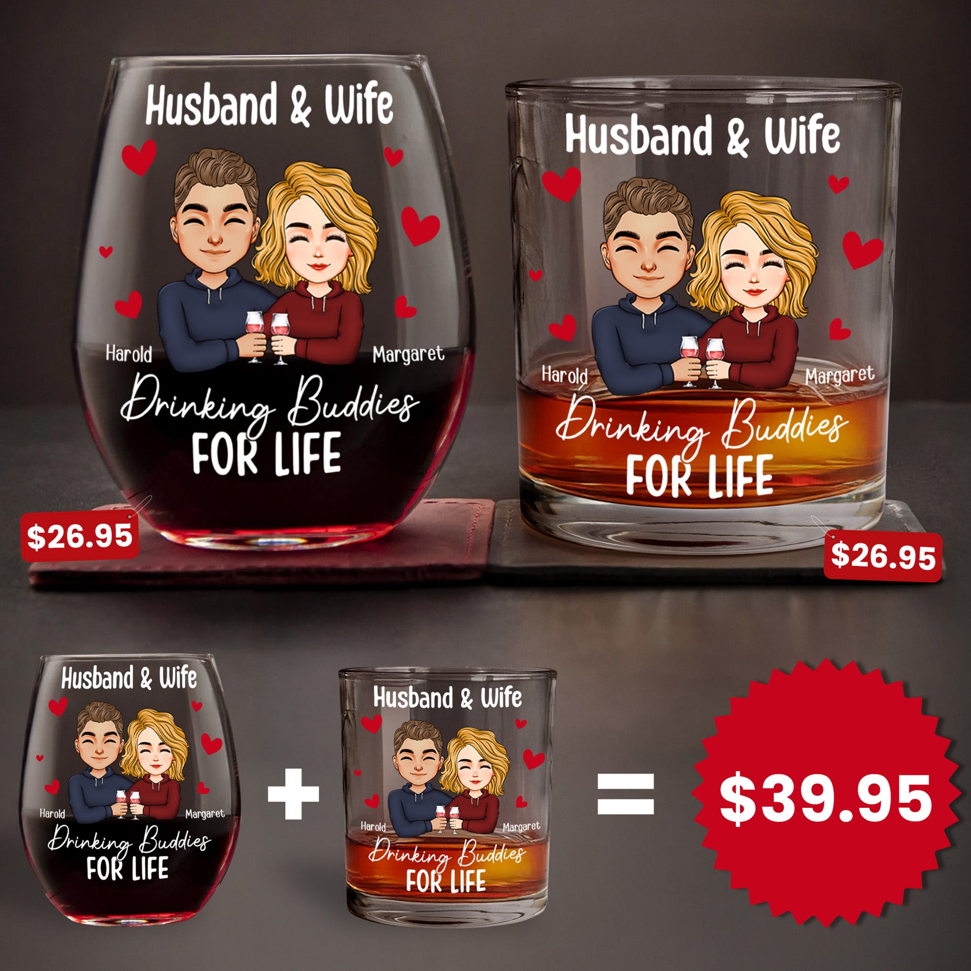 Couple Drinking Buddies For Life - Personalized Whiskey Glass And Wine Glass Set