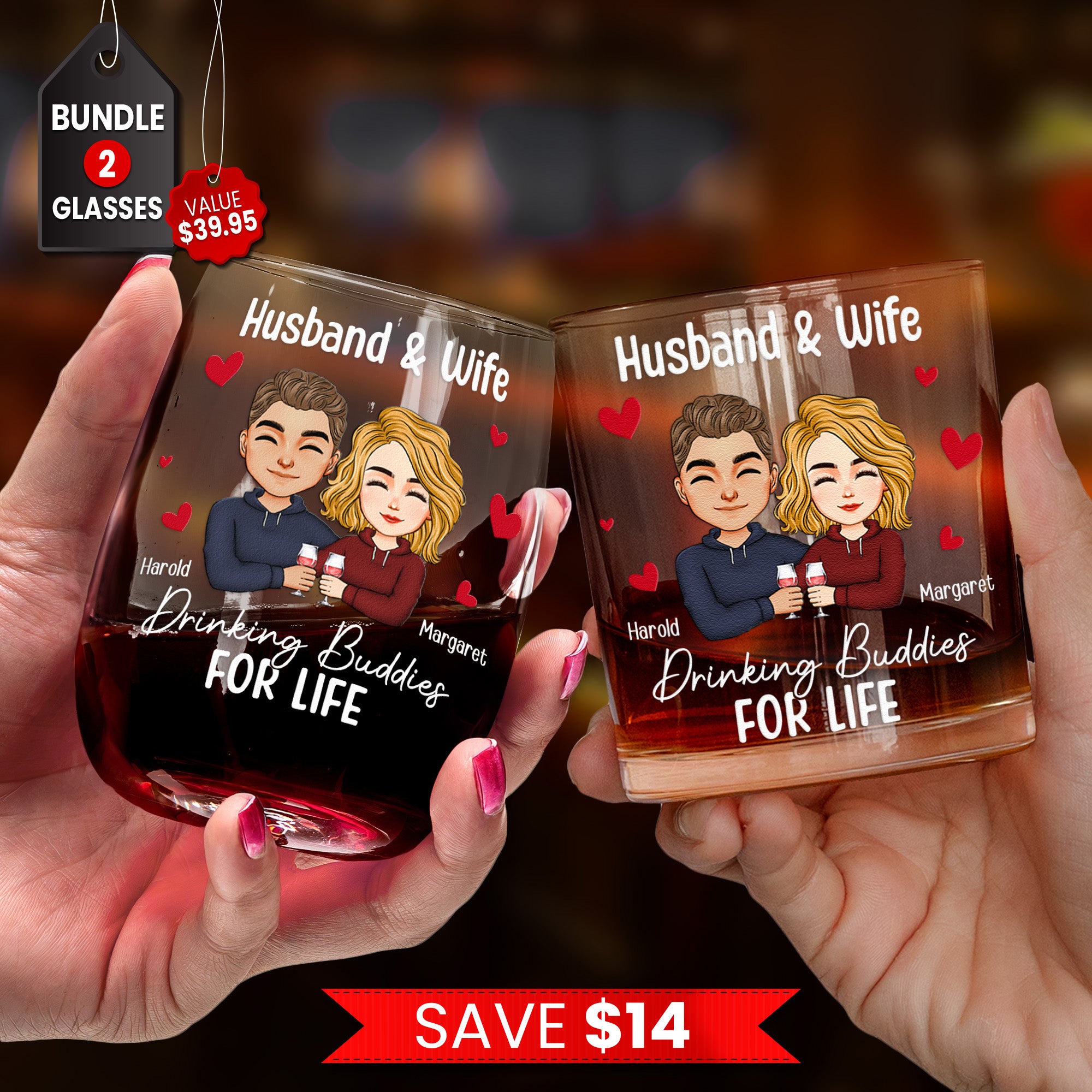 Couple Drinking Buddies For Life - Personalized Whiskey Glass And Wine Glass Set