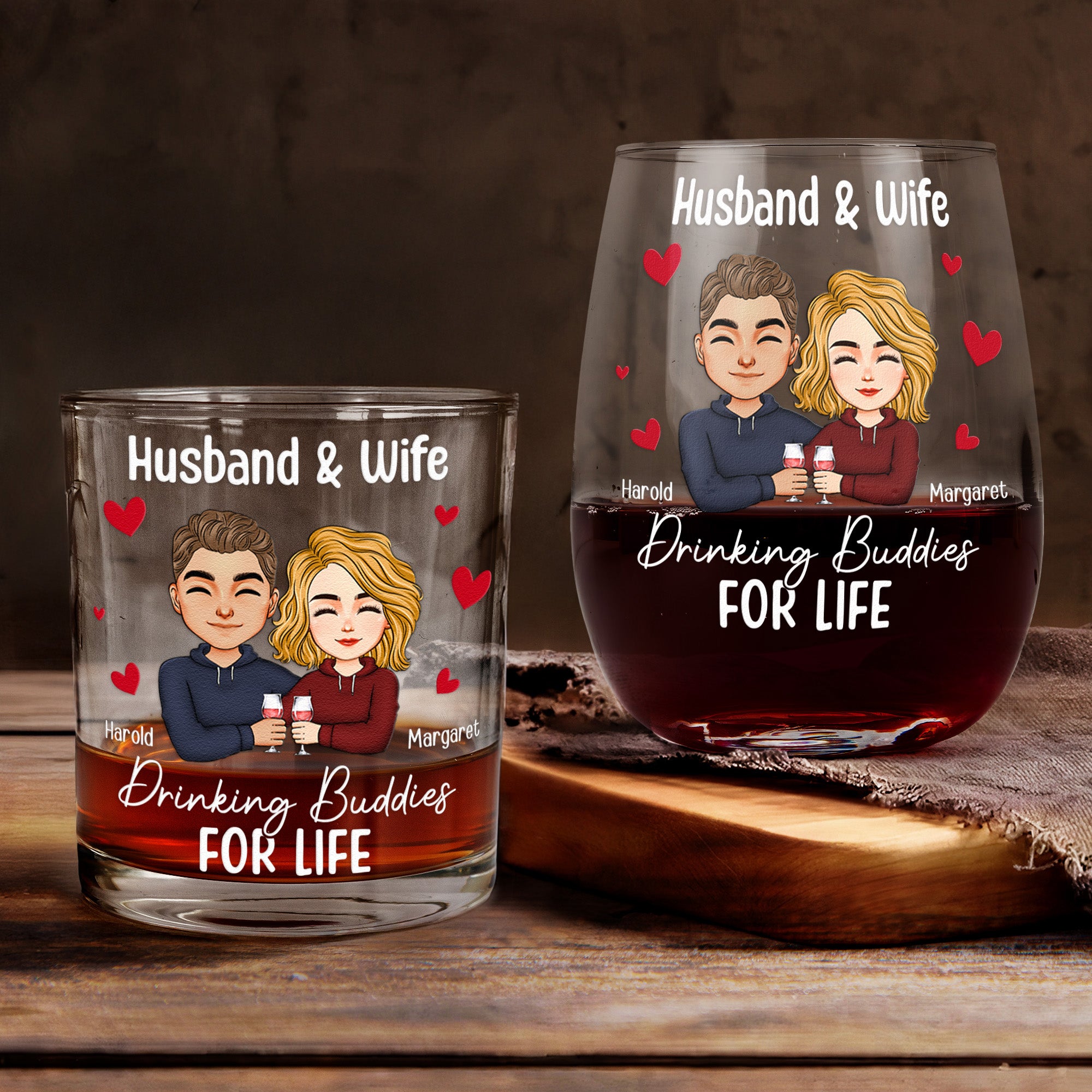 Couple Drinking Buddies For Life - Personalized Whiskey Glass And Wine Glass Set