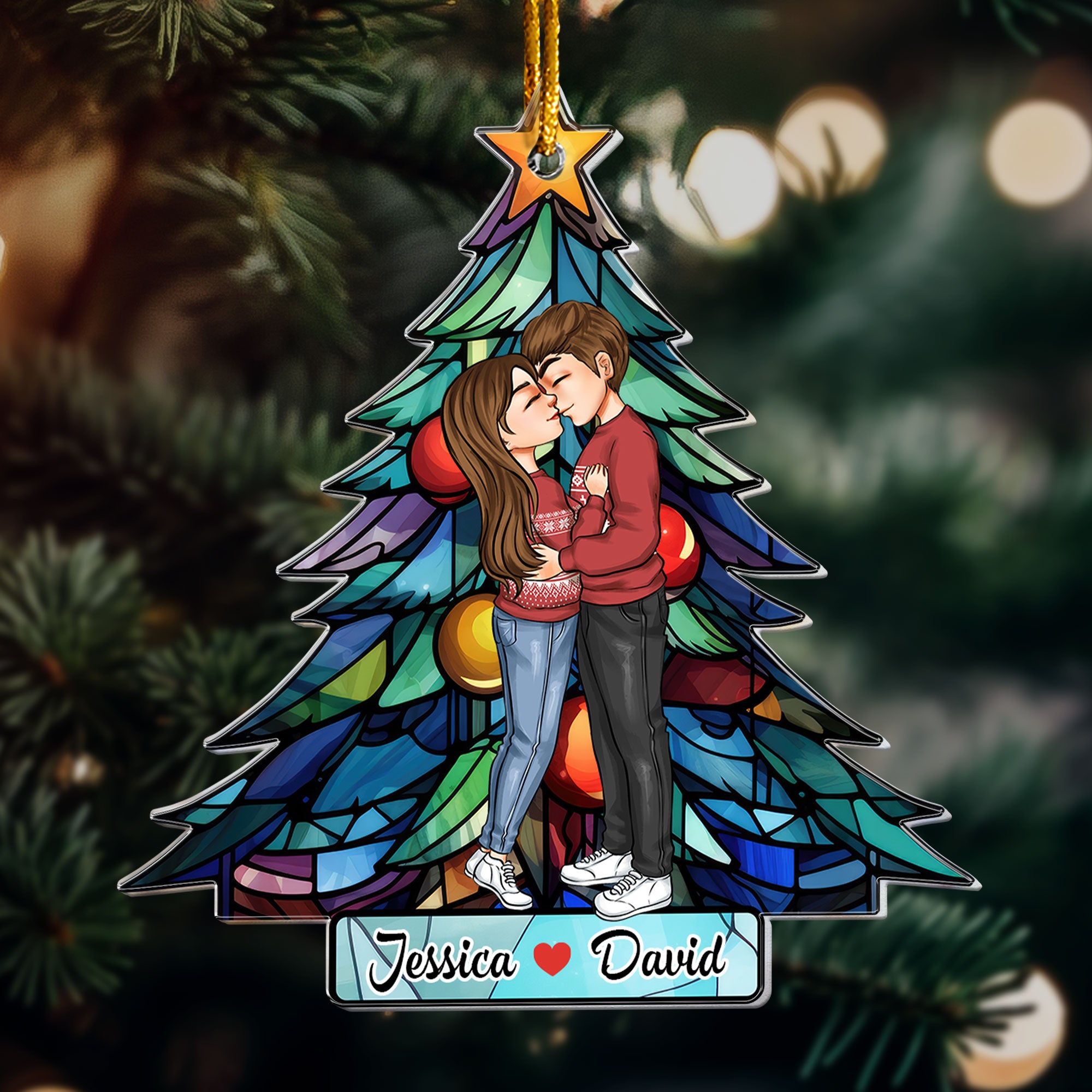 Couple Kissed Under The Christmas Tree - Personalized Acrylic Ornament